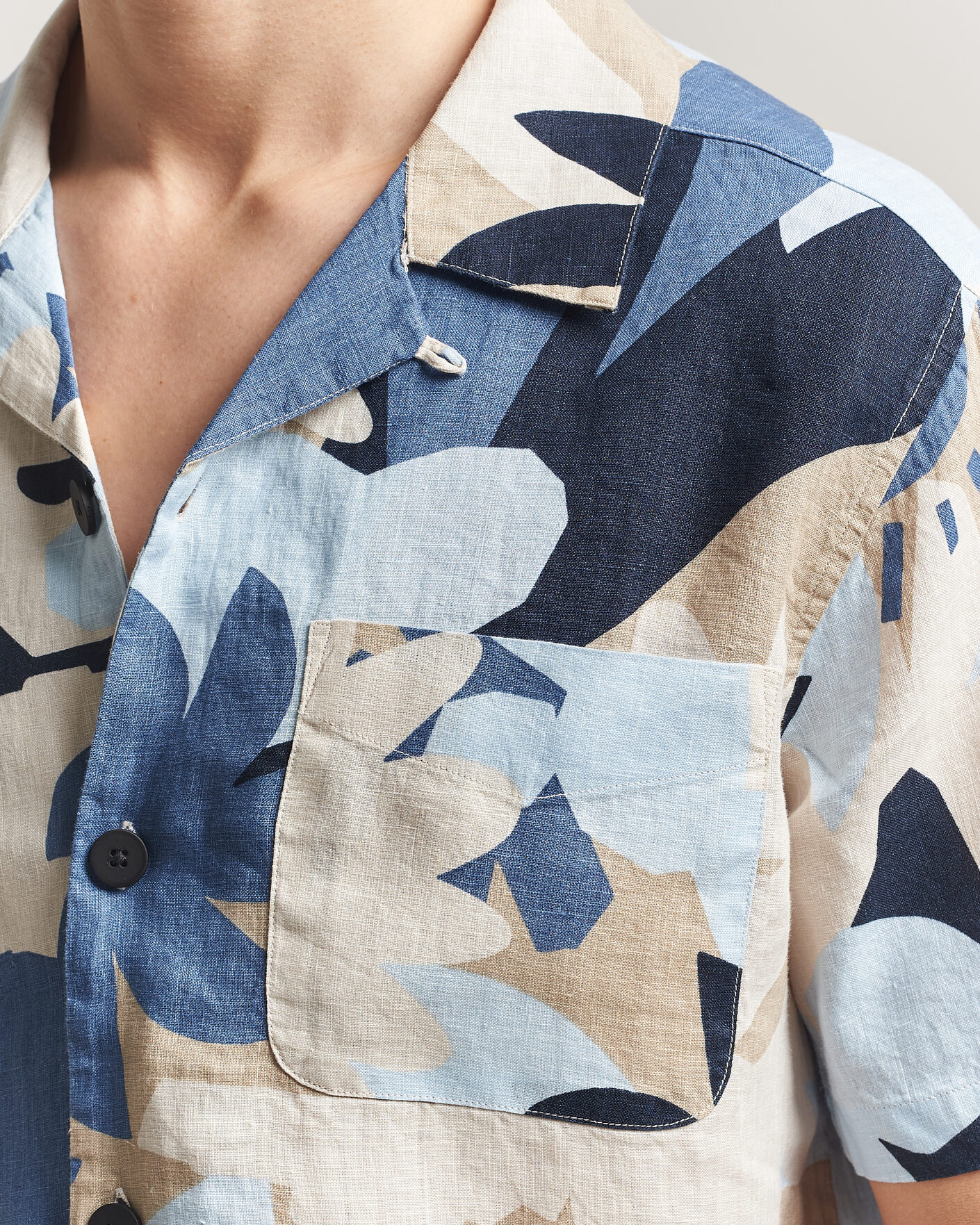 Herr | Skjortor | KnowledgeCotton Apparel | Relaxed Printed Linen Short Sleeve Shirt Blue