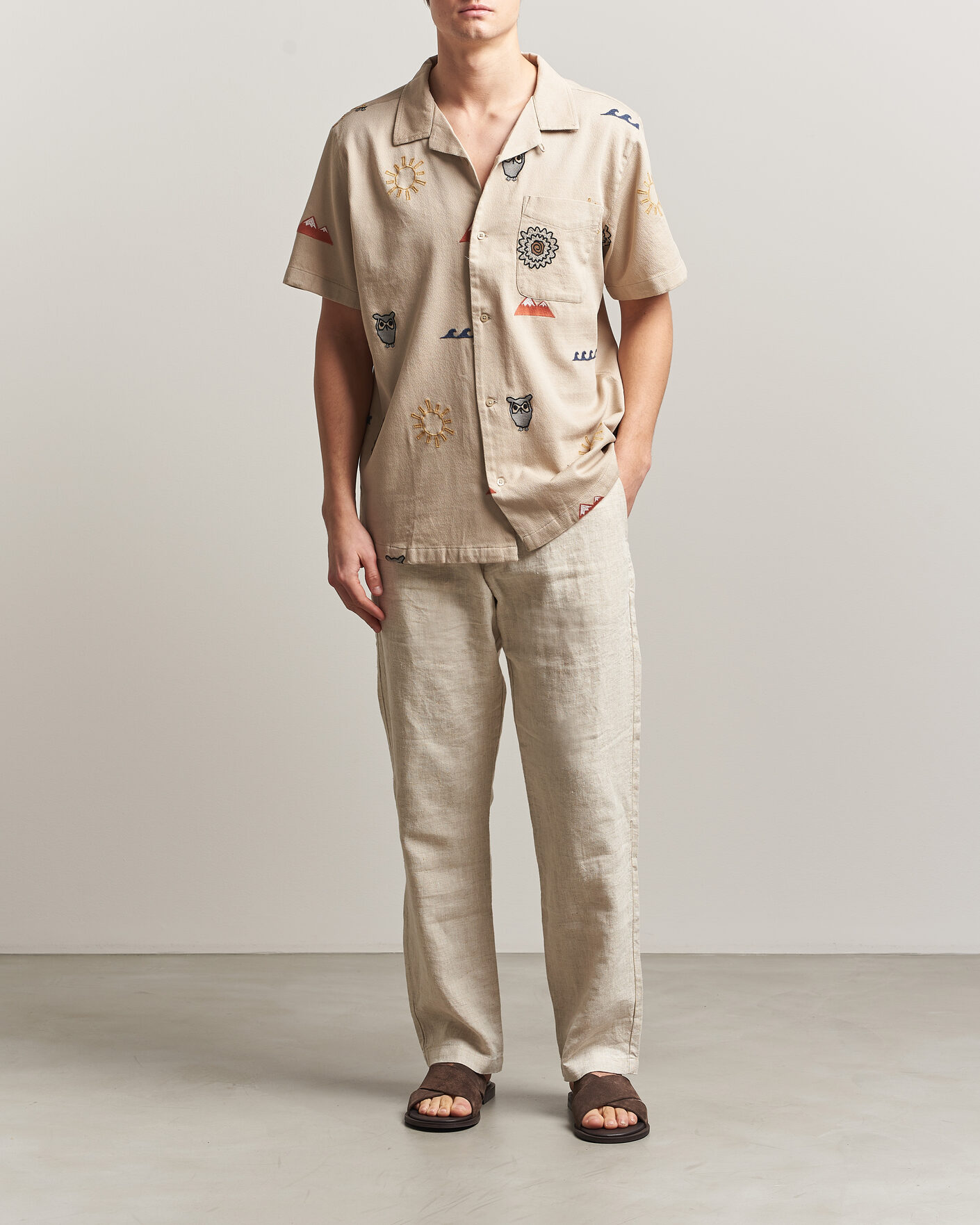 Herr | Skjortor | KnowledgeCotton Apparel | Relaxed Embroidery Shirt Light Feather Grey