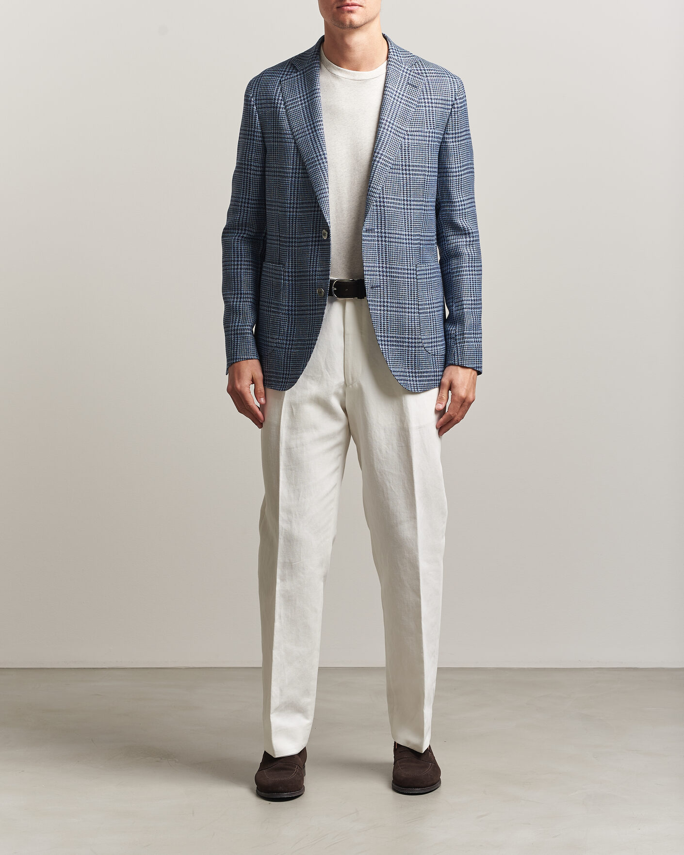 Herr | Kavajer | Oscar Jacobson | Ferry Patch Soft Checked Linen/Wool Blazer Blue