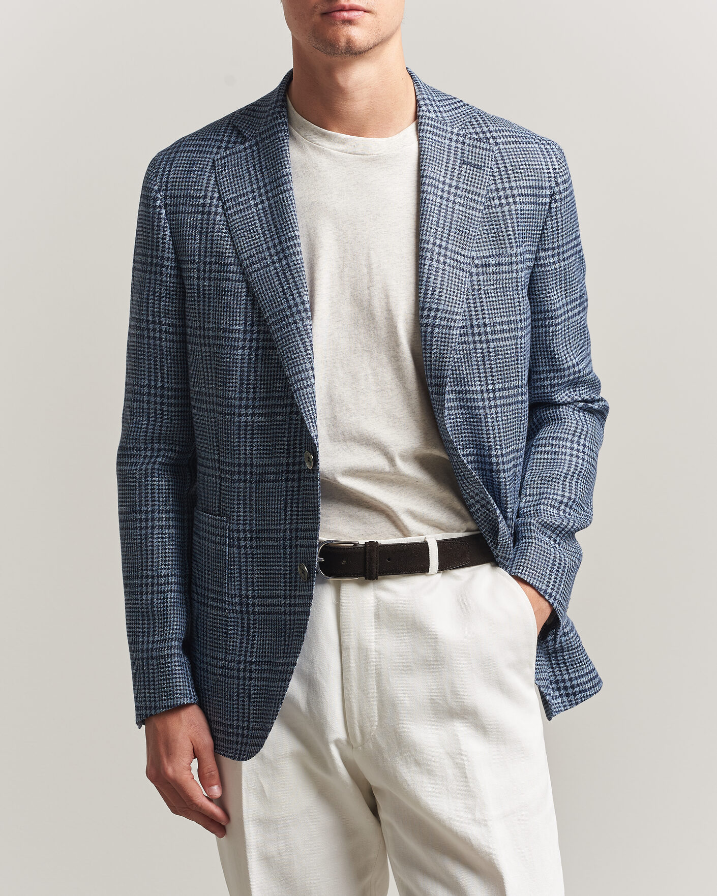 Herr | Kavajer | Oscar Jacobson | Ferry Patch Soft Checked Linen/Wool Blazer Blue