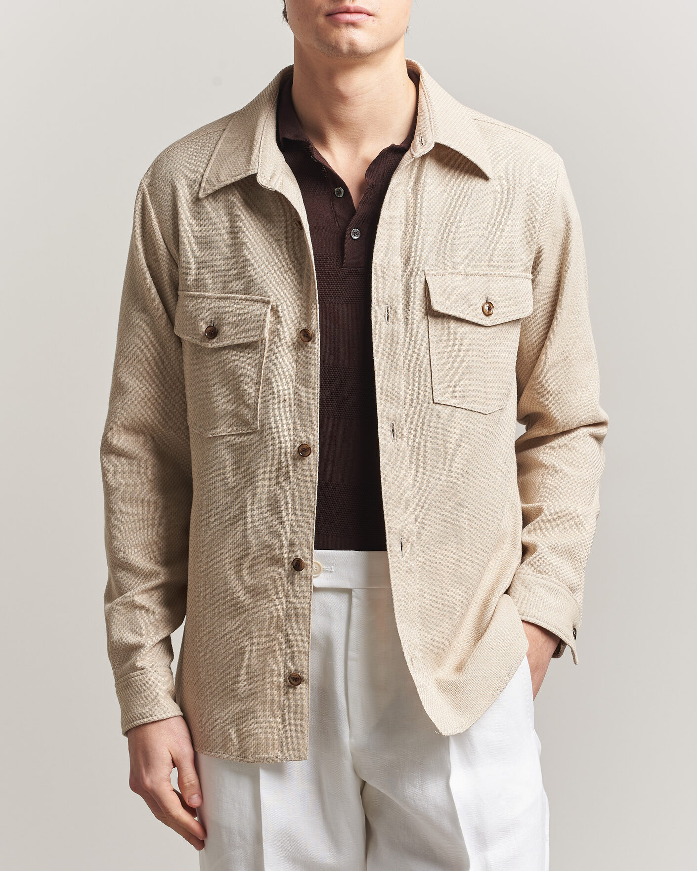 Herr | Skjortor | Oscar Jacobson | Magnus Structure Cotton Overshirt Beige
