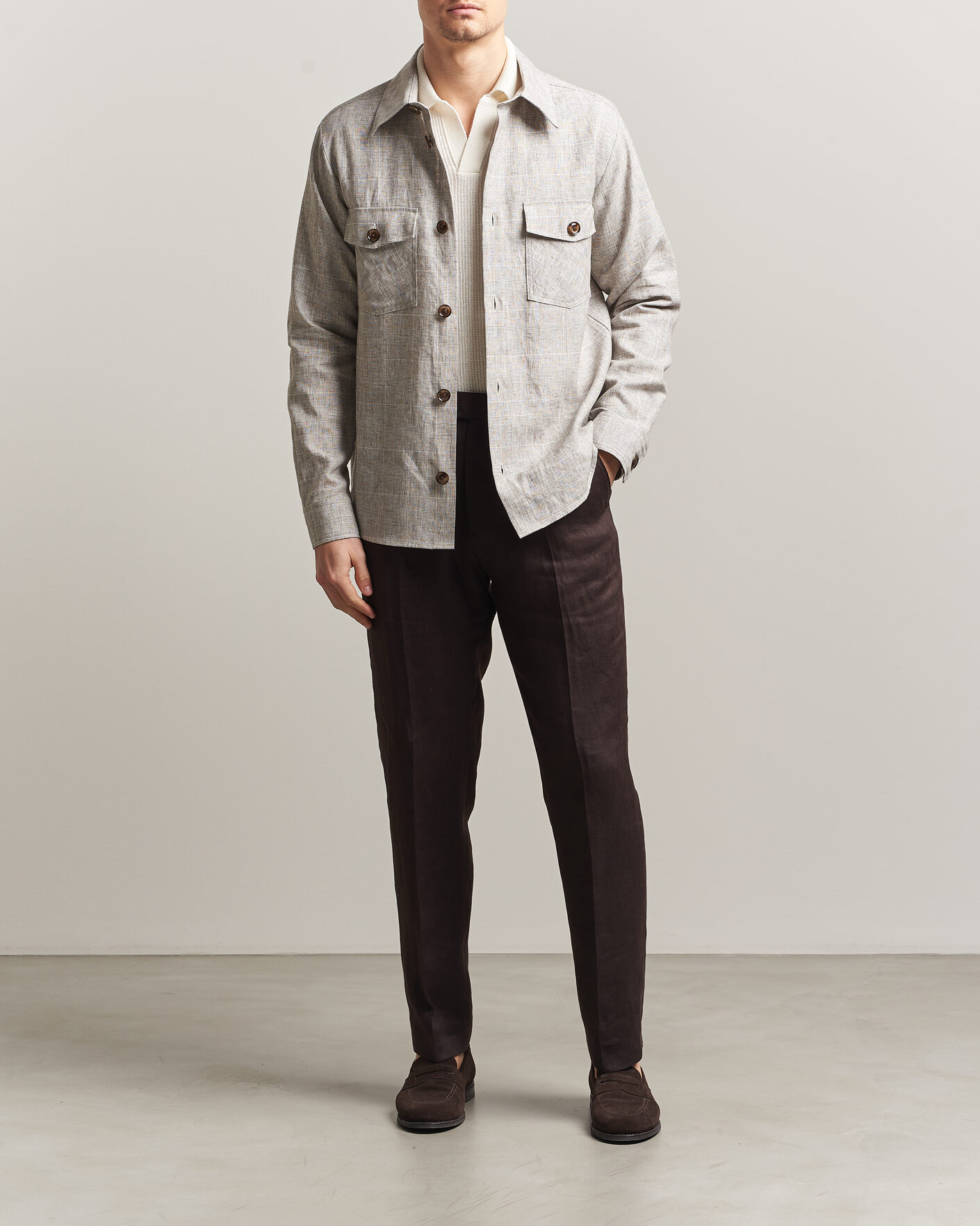 Herr | Skjortor | Oscar Jacobson | Magnus Checked Linen Overshirt Beige
