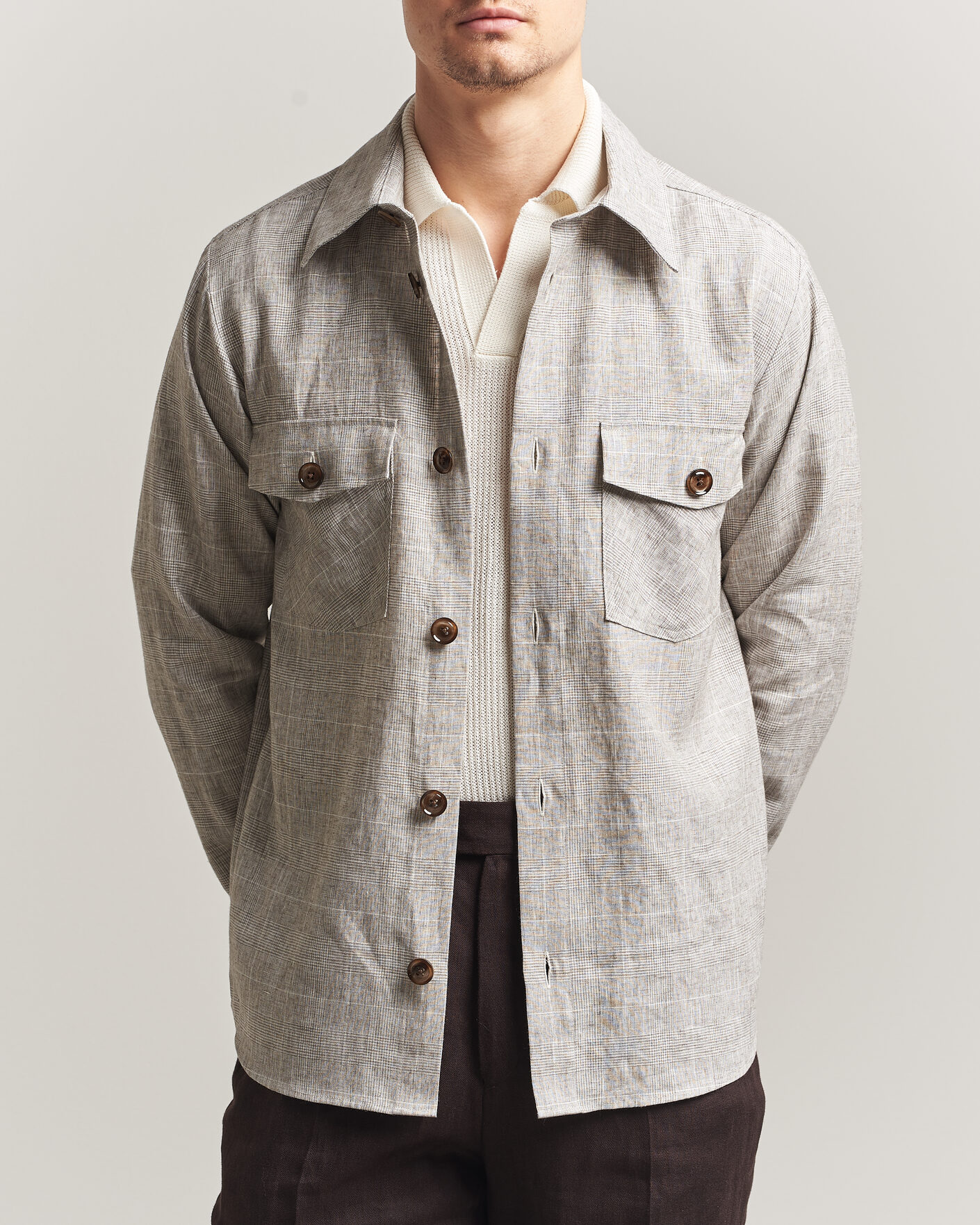 Herr | Skjortor | Oscar Jacobson | Magnus Checked Linen Overshirt Beige