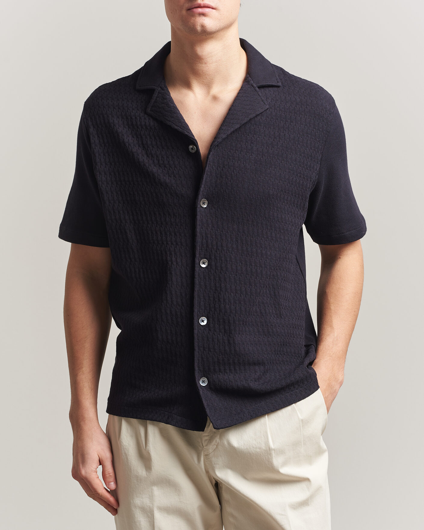 Herr | Skjortor | Oscar Jacobson | Kirk Knitted Short Sleeve Shirt Navy