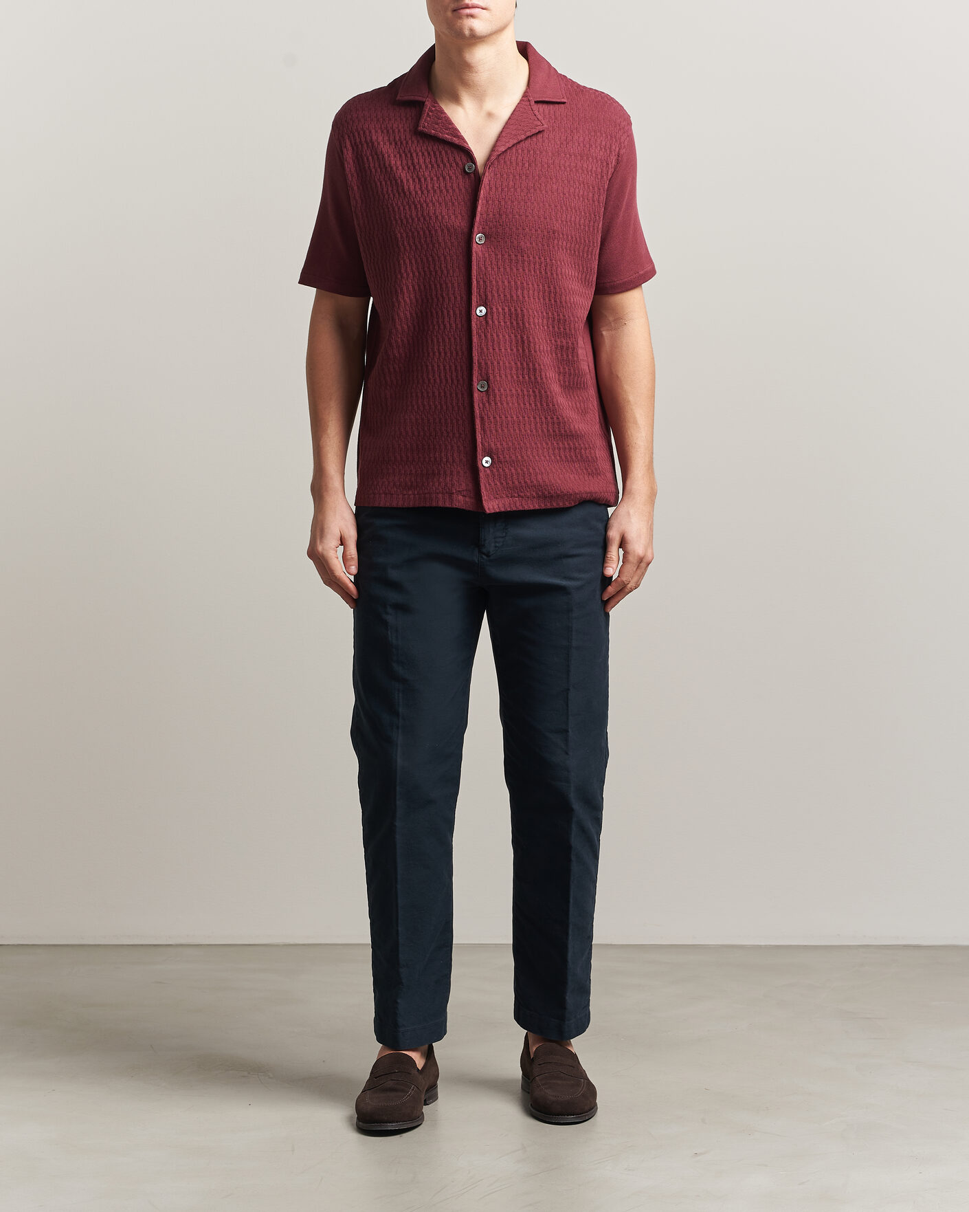 Herr | Skjortor | Oscar Jacobson | Kirk Knitted Short Sleeve Shirt Wine Red
