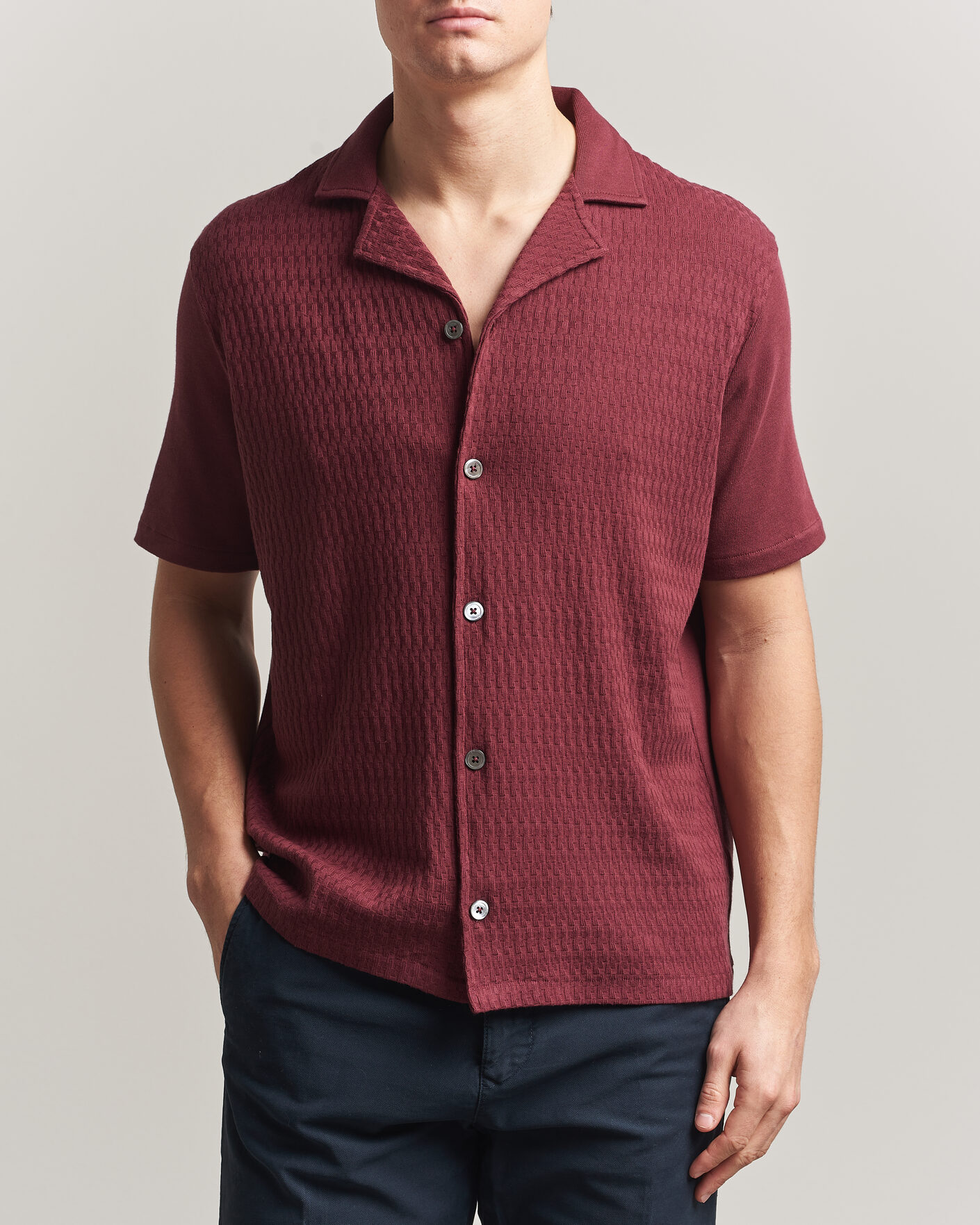 Herr | Skjortor | Oscar Jacobson | Kirk Knitted Short Sleeve Shirt Wine Red
