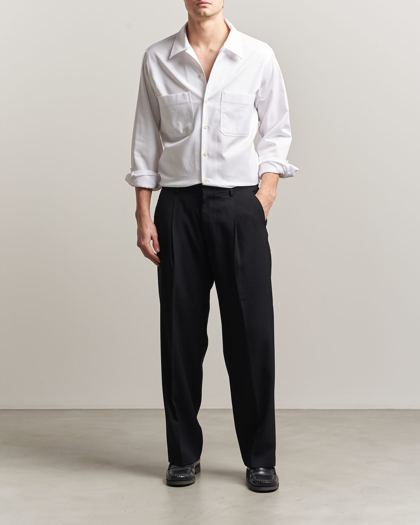 Herr | Skjortor | Oscar Jacobson | Straight Fit Bowling Collar Cotton Shirt White