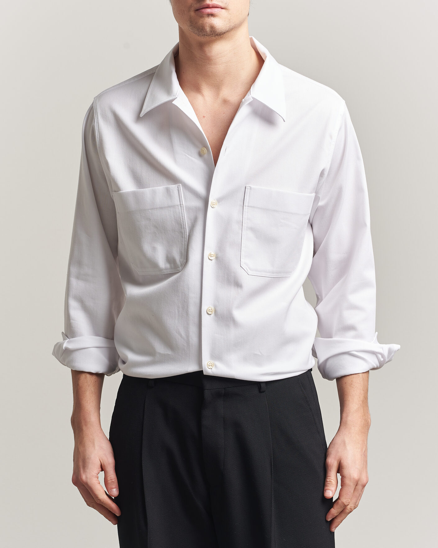Herr | Skjortor | Oscar Jacobson | Straight Fit Bowling Collar Cotton Shirt White