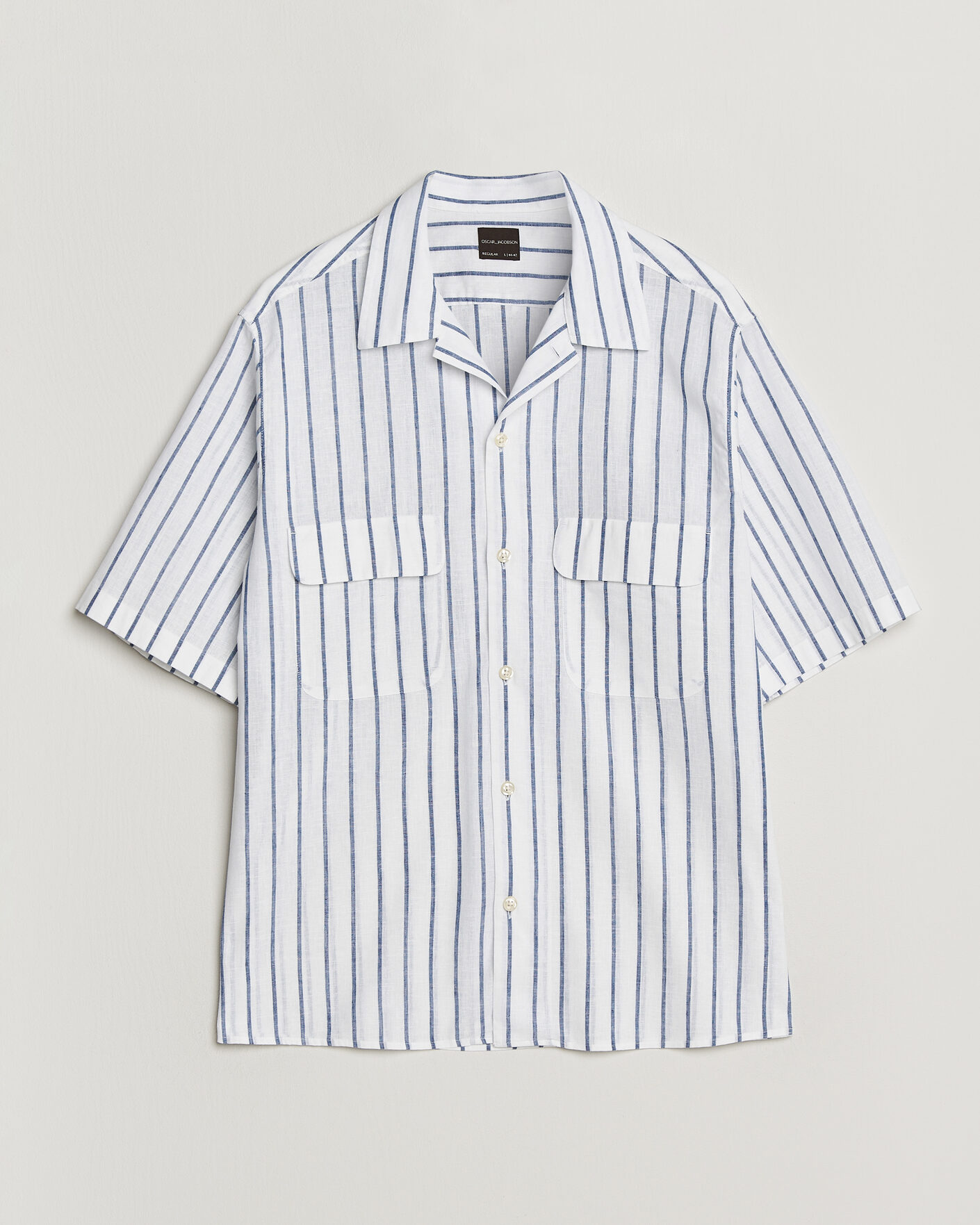 Herr | Skjortor | Oscar Jacobson | Striped Short Sleeve Linen Shirt Navy/White