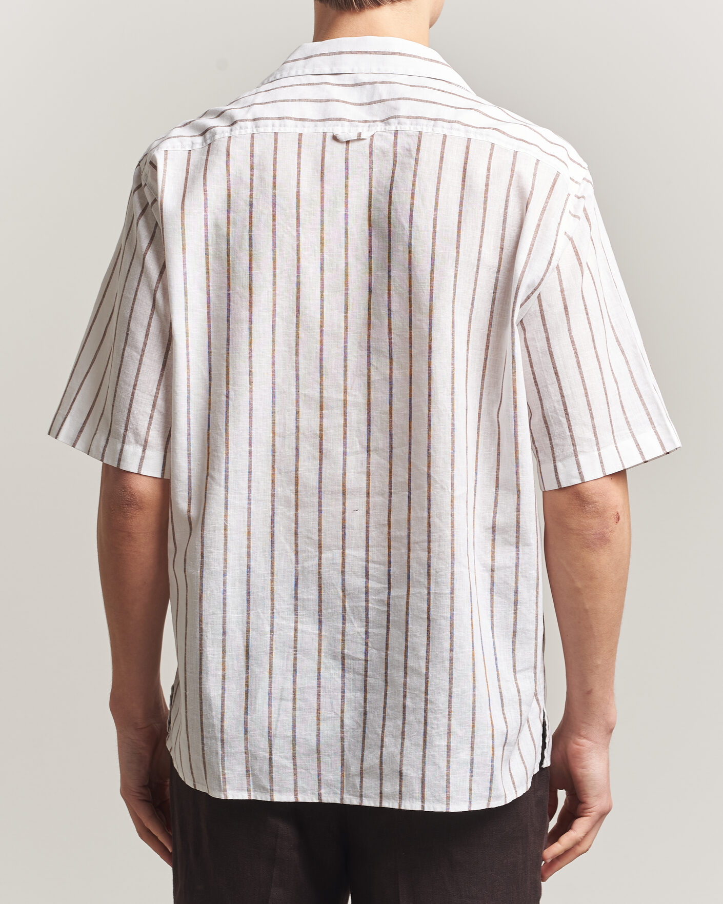 Herr | Skjortor | Oscar Jacobson | Striped Short Sleeve Linen Shirt Brown/White