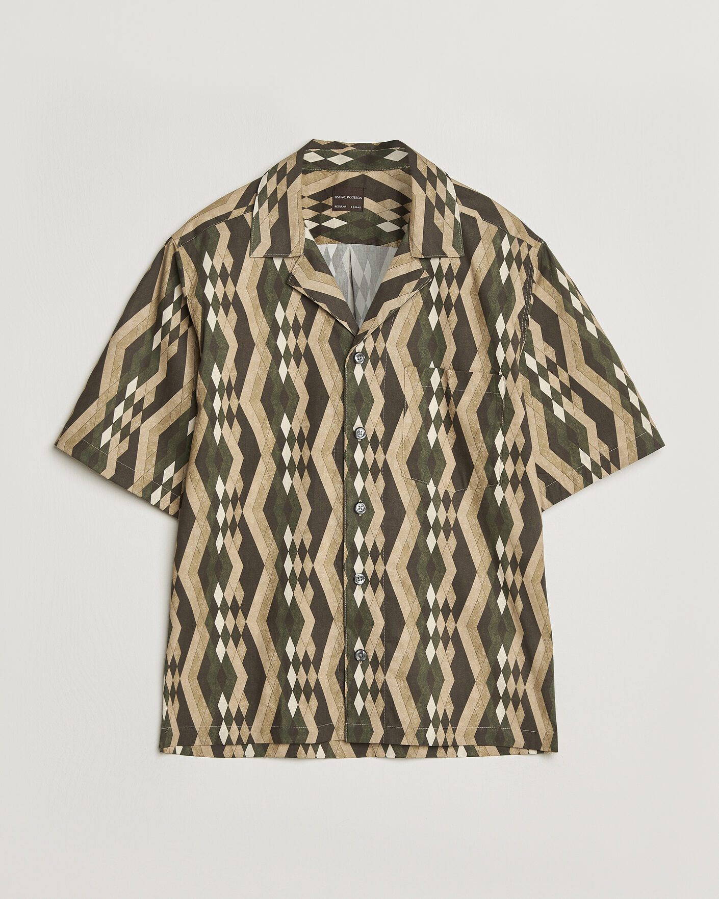 Herr | Skjortor | Oscar Jacobson | Reg Fit Cuban Printed Short Sleeve Shirt Olive