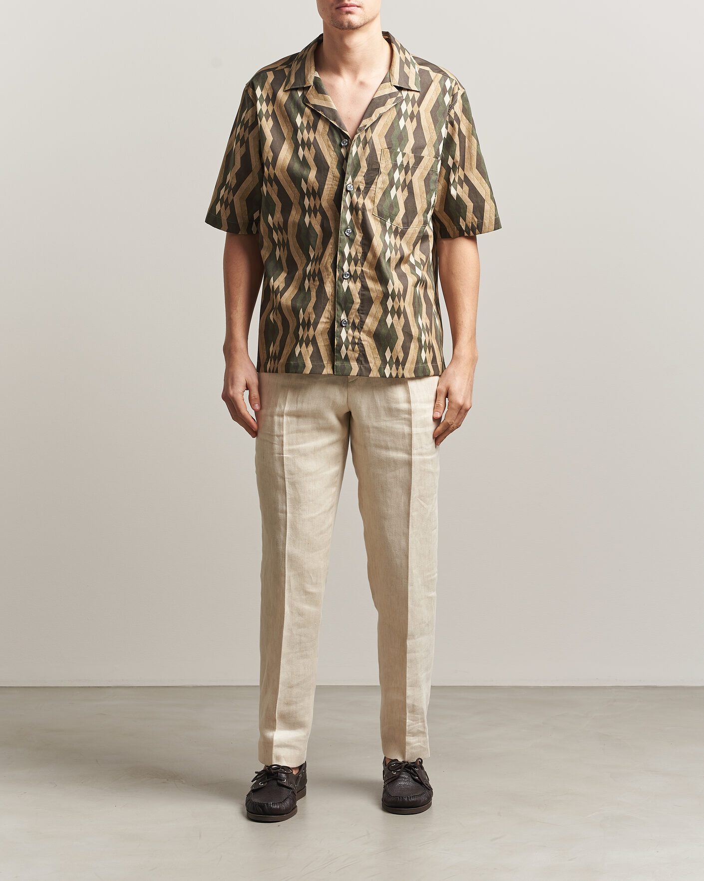 Herr | Skjortor | Oscar Jacobson | Reg Fit Cuban Printed Short Sleeve Shirt Olive