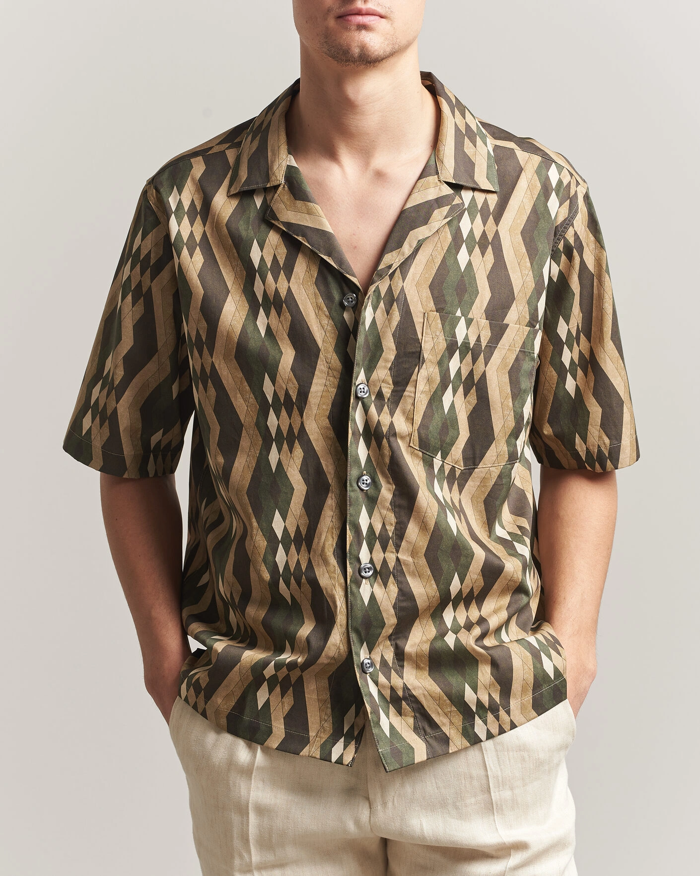 Herr | Skjortor | Oscar Jacobson | Reg Fit Cuban Printed Short Sleeve Shirt Olive