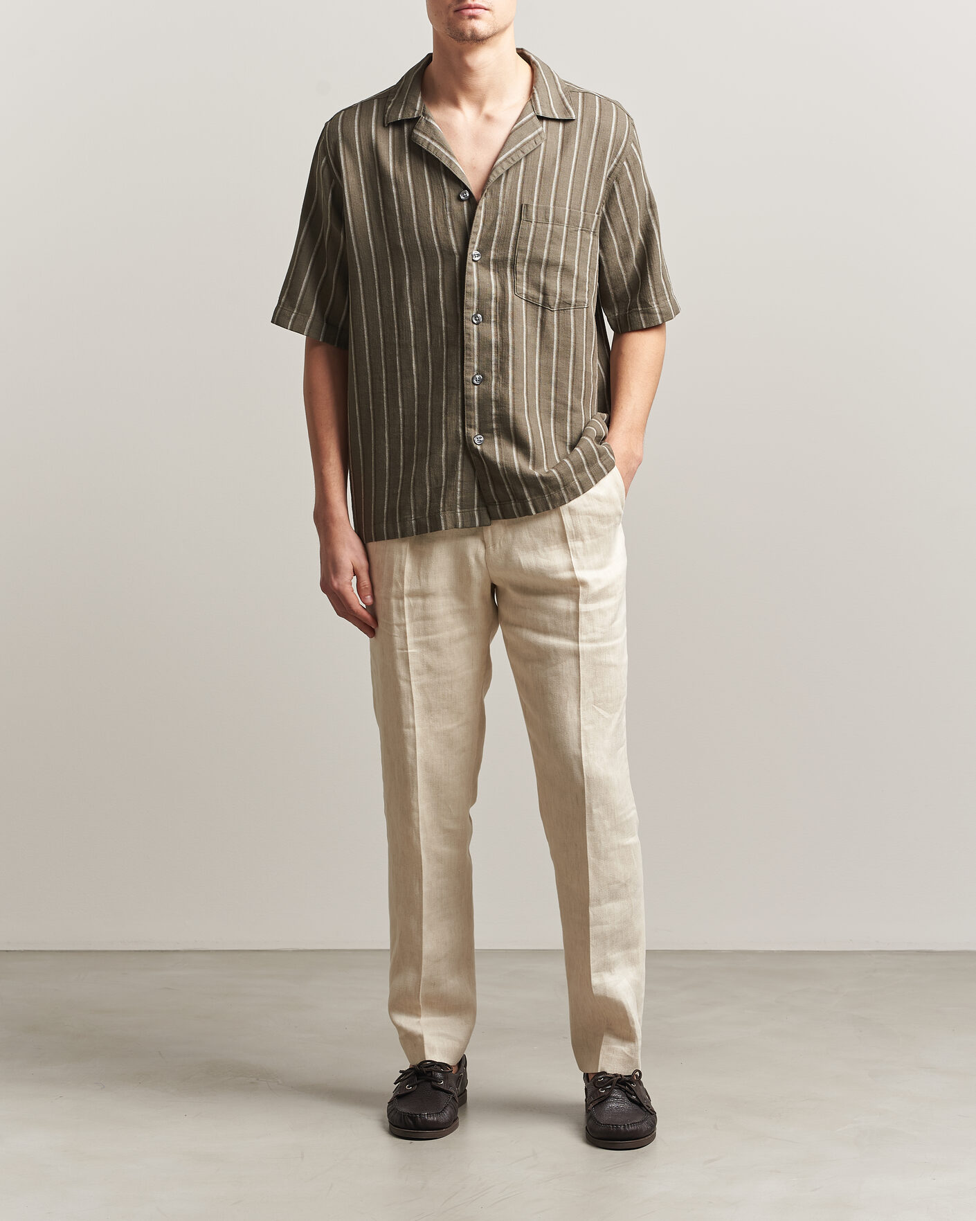 Herr | Skjortor | Oscar Jacobson | Reg Fit Cuban Herringbone Short Sleeve Shirt Green