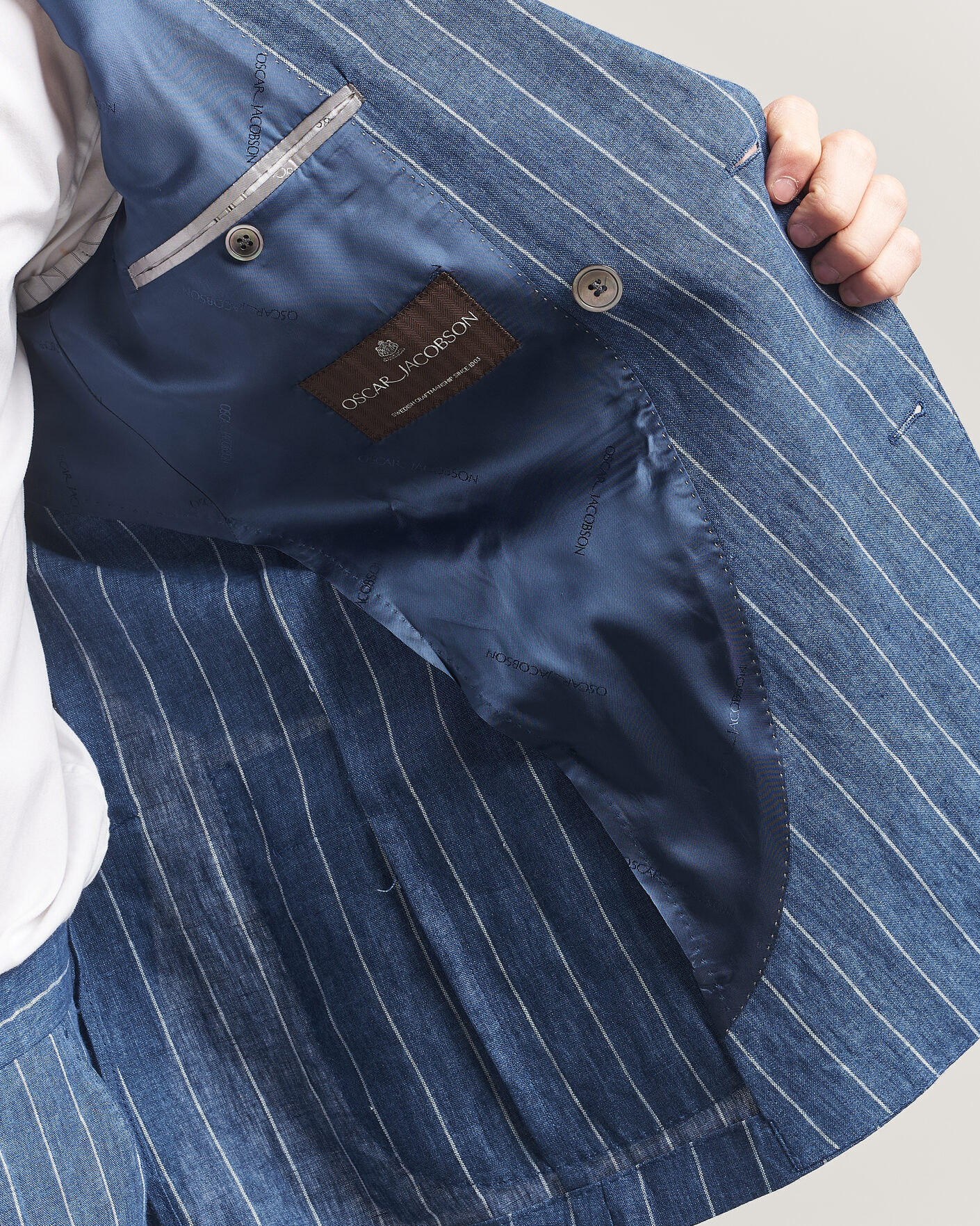 Herr | Kavajer | Oscar Jacobson | Farrys Patch Striped Linen Blazer Blue