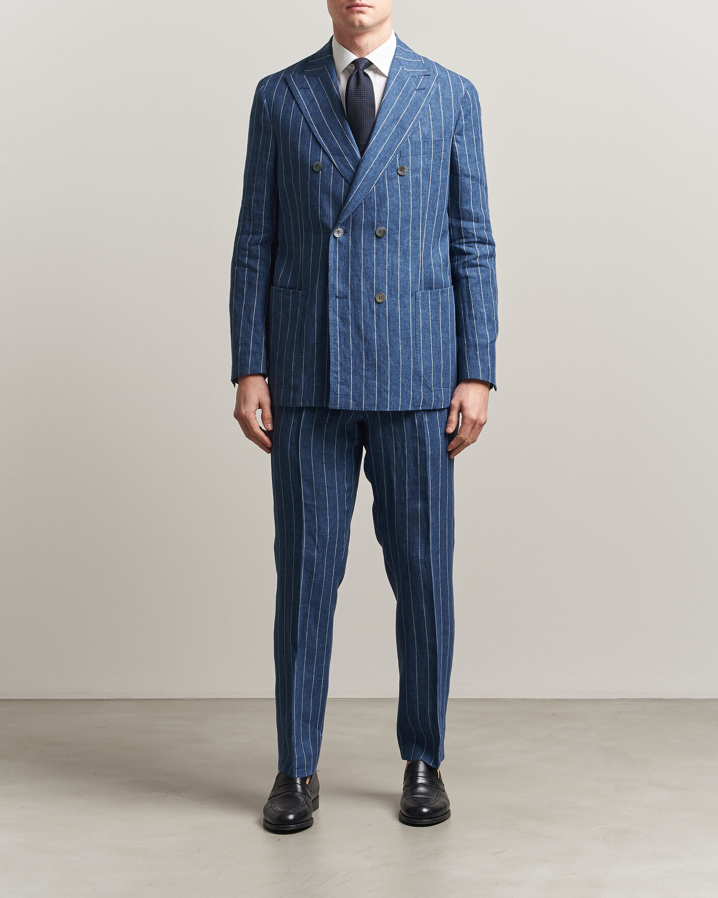 Herr | Byxor | Oscar Jacobson | Dandy Striped Linen Trousers Blue