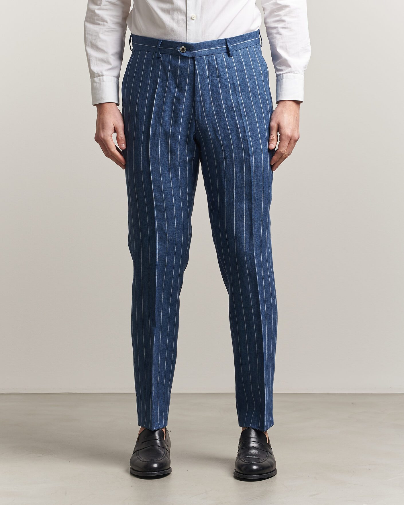 Herr | Byxor | Oscar Jacobson | Dandy Striped Linen Trousers Blue