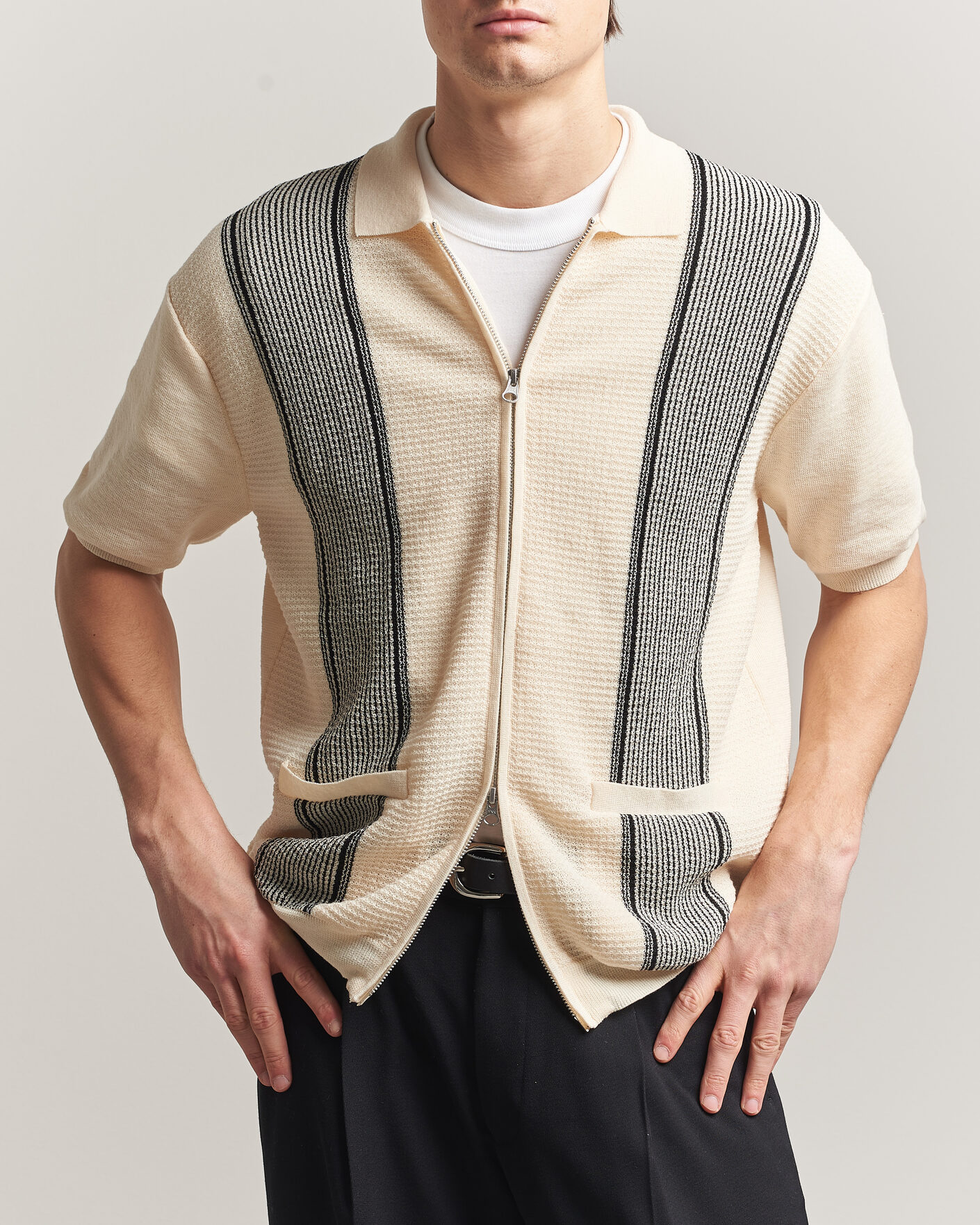 Herr | Pikéer | BEAMS PLUS | Zip Knit Striped Polo Off White