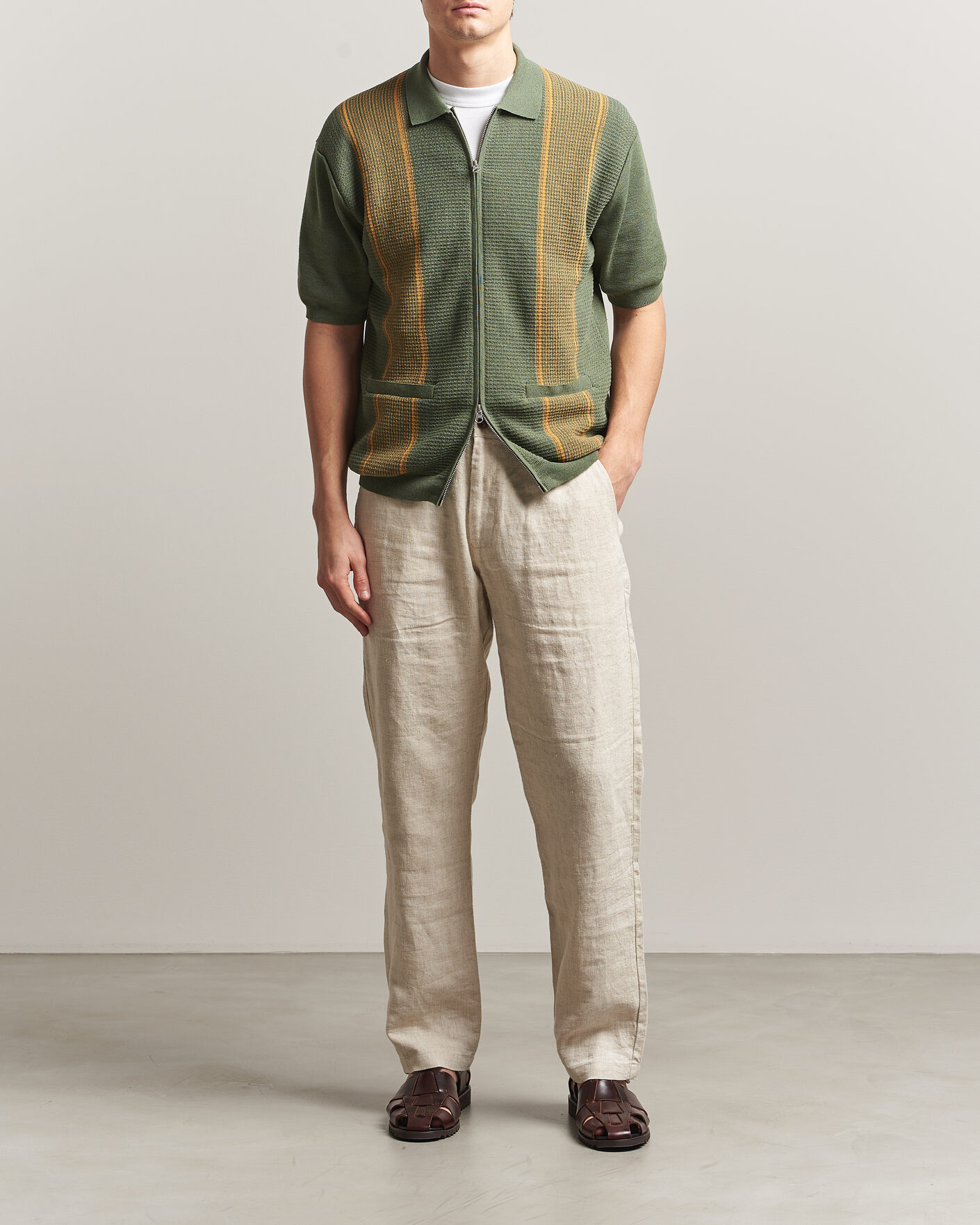 Herr | Pikéer | BEAMS PLUS | Zip Knit Striped Polo Olive