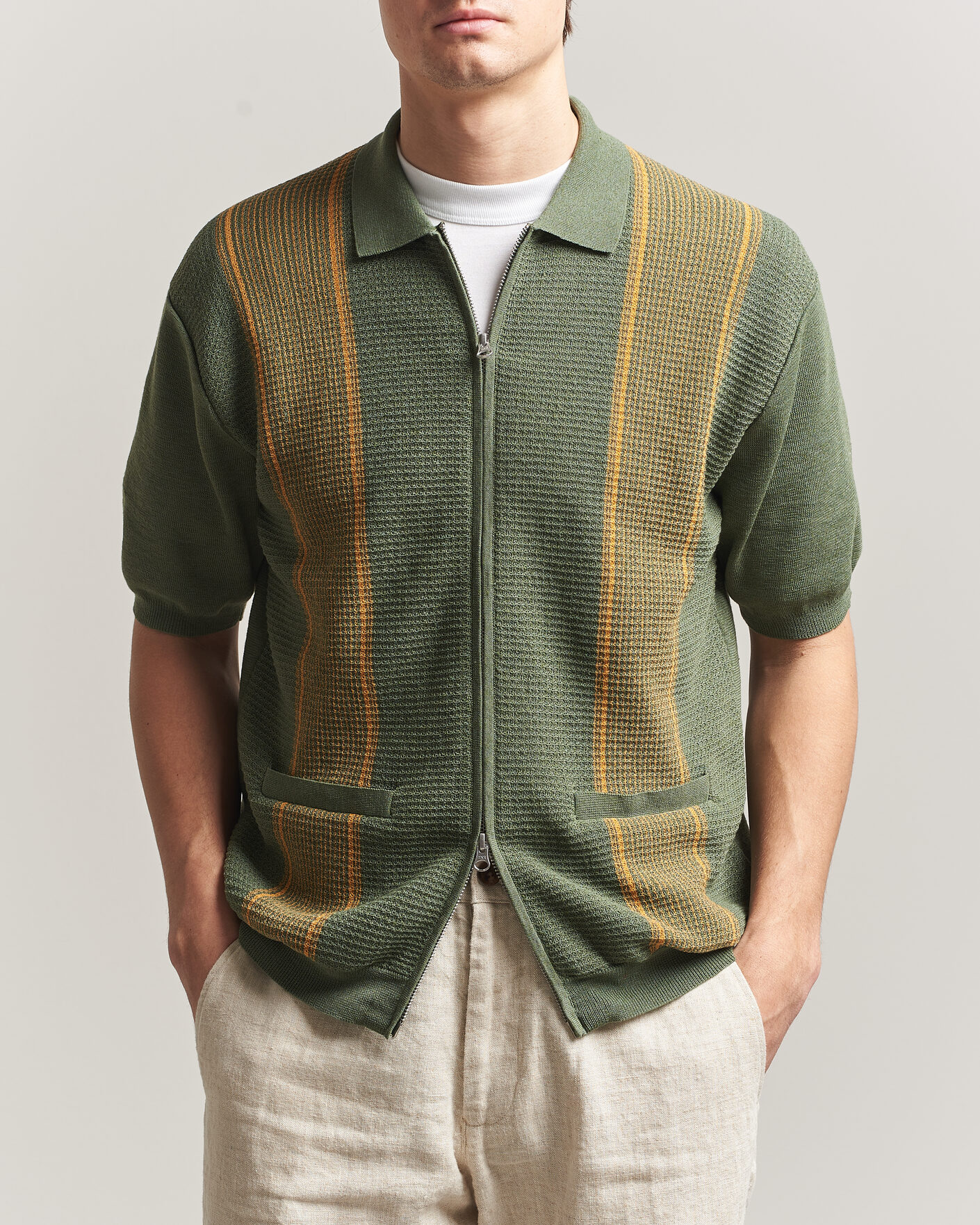 Herr | Pikéer | BEAMS PLUS | Zip Knit Striped Polo Olive