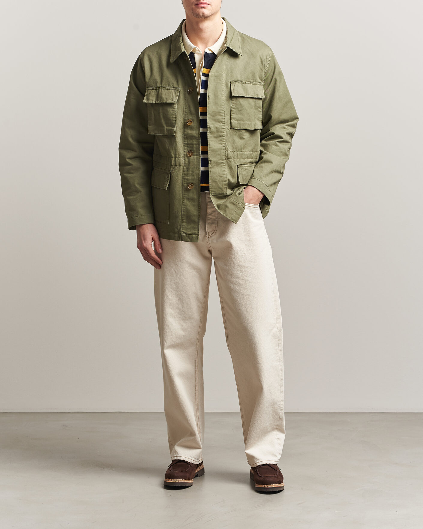 Herr | Jackor | Baracuta | Washed Cotton Twill Field Shacket Lichen Green
