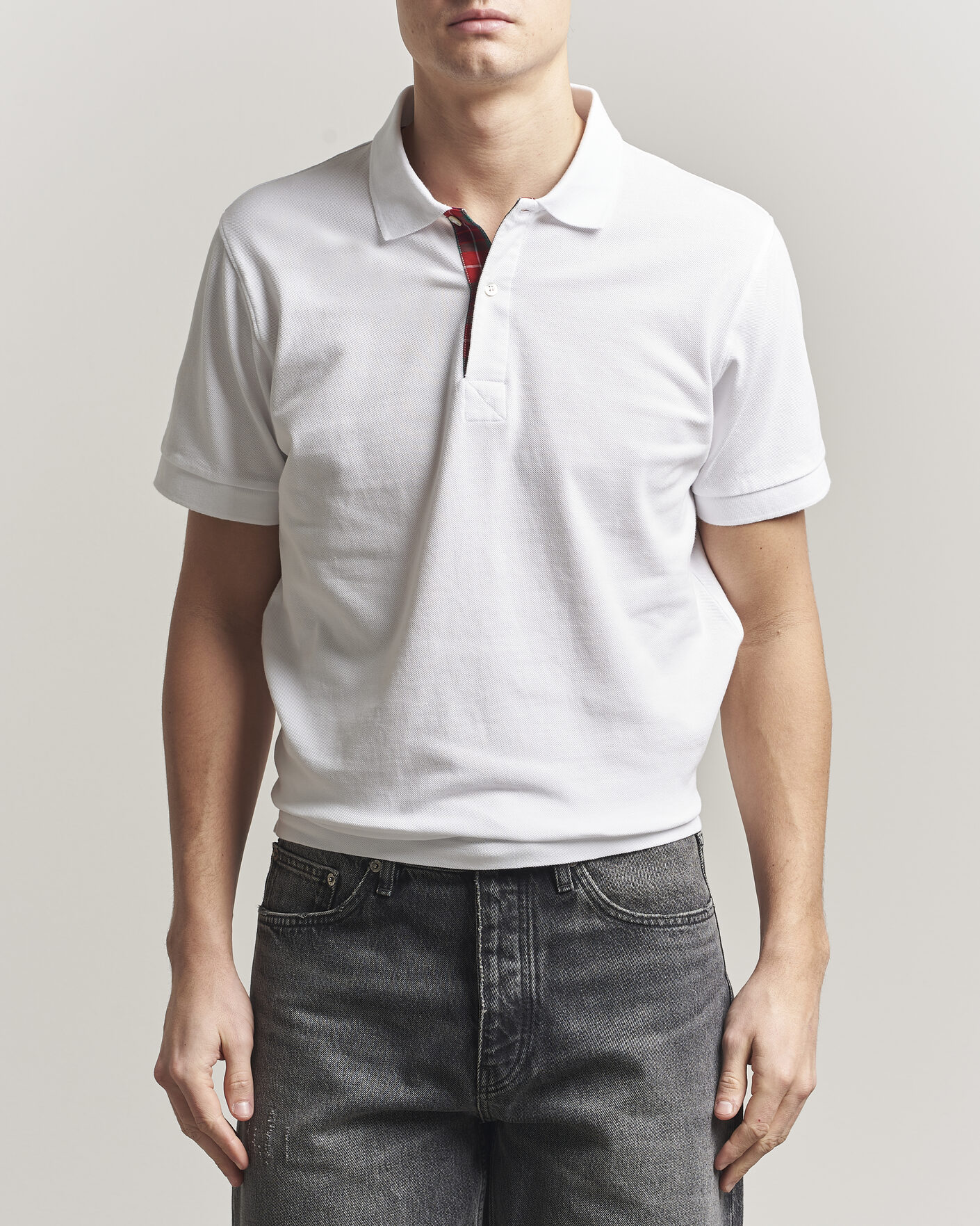 Herr | Pikéer | Baracuta | Tartan Placket Piquet Polo Bone White
