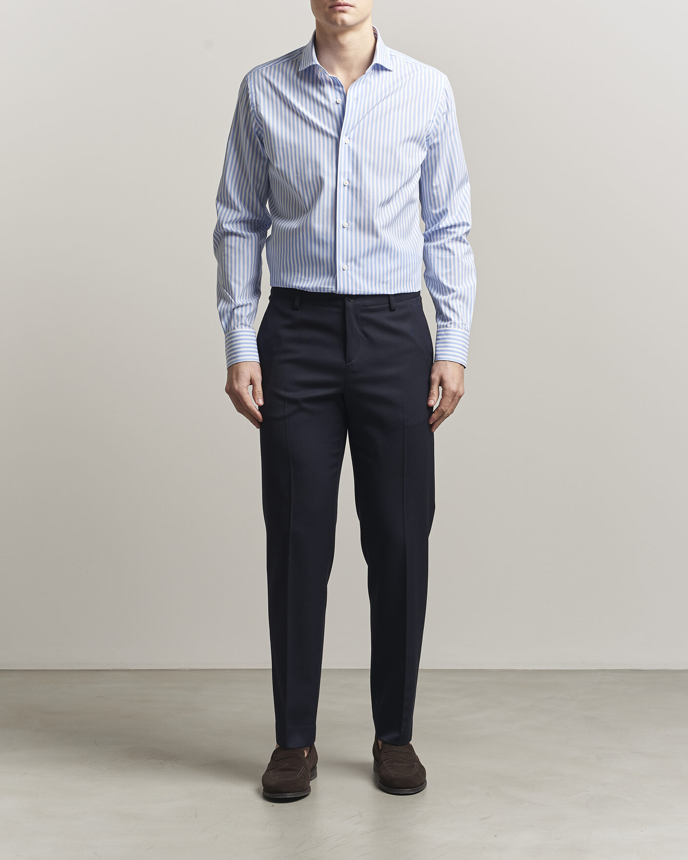 Herr | Skjortor | Grigio | Cotton Poplin Dress Shirt Light Blue Stripe