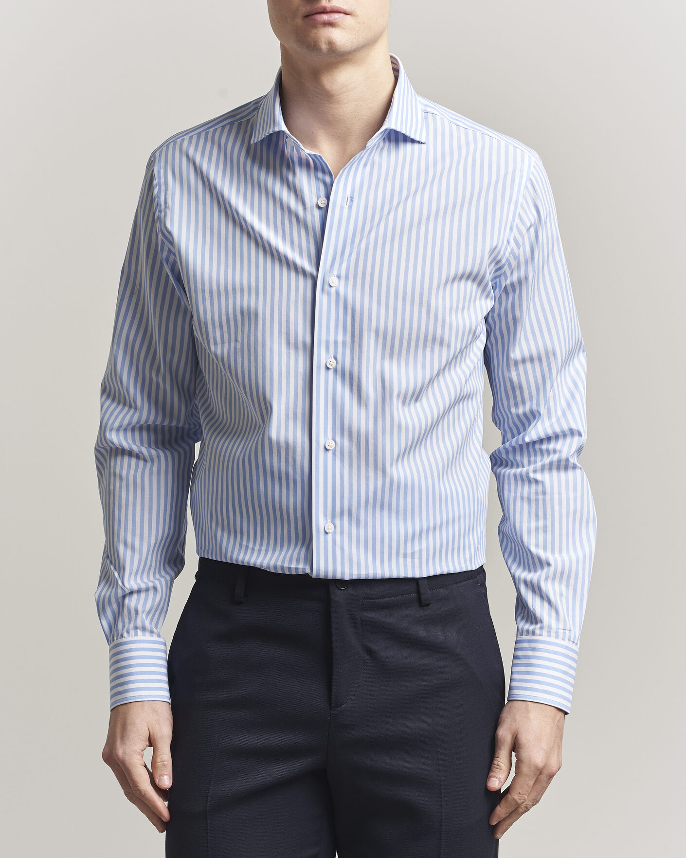 Herr | Skjortor | Grigio | Cotton Poplin Dress Shirt Light Blue Stripe