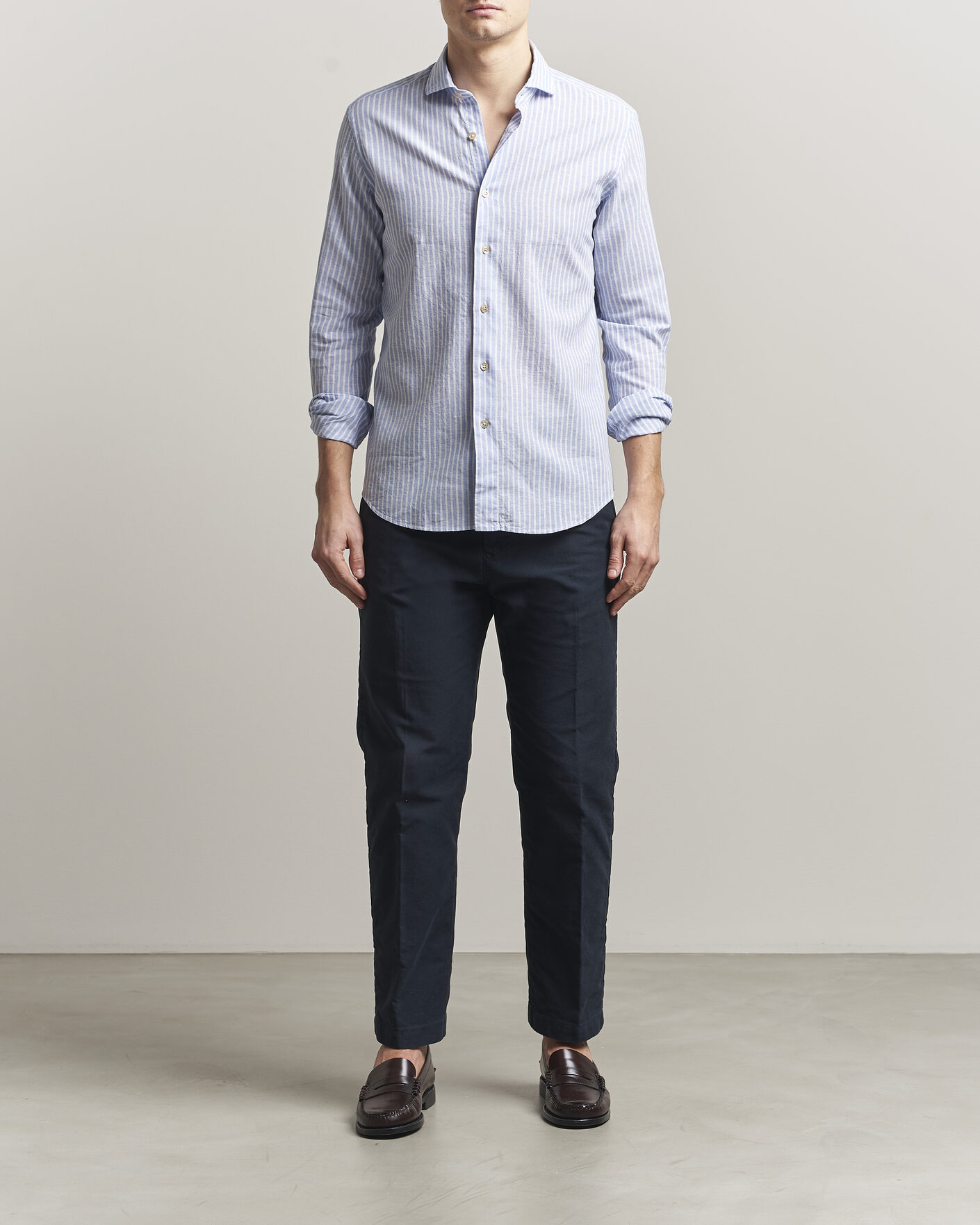 Herr | Skjortor | Grigio | Washed Cotton/Linen Shirt Blue Stripe