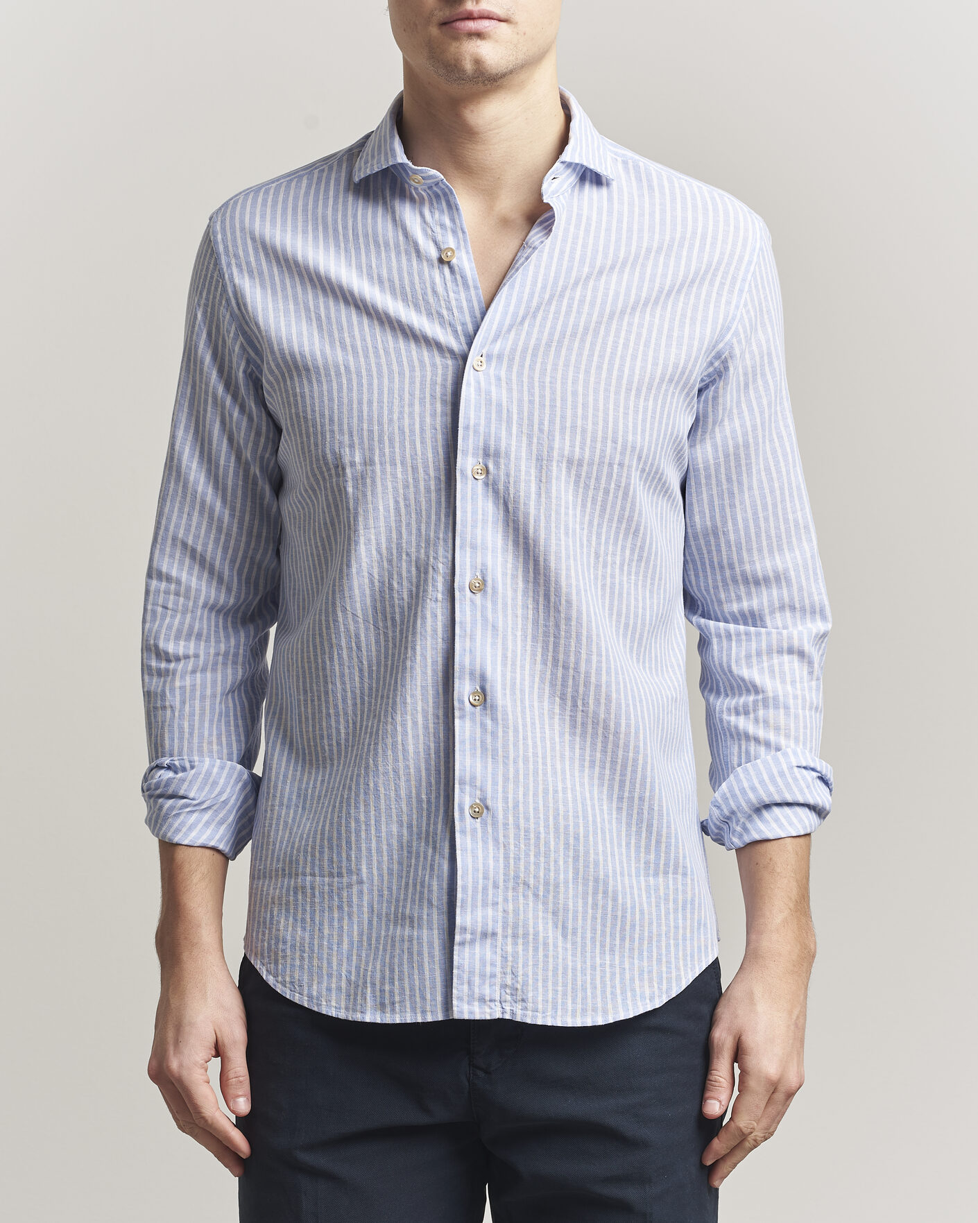 Herr | Skjortor | Grigio | Washed Cotton/Linen Shirt Blue Stripe