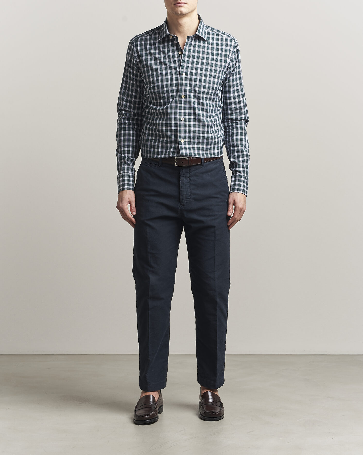 Herr | Skjortor | Grigio | Washed Casual Shirt Green Check