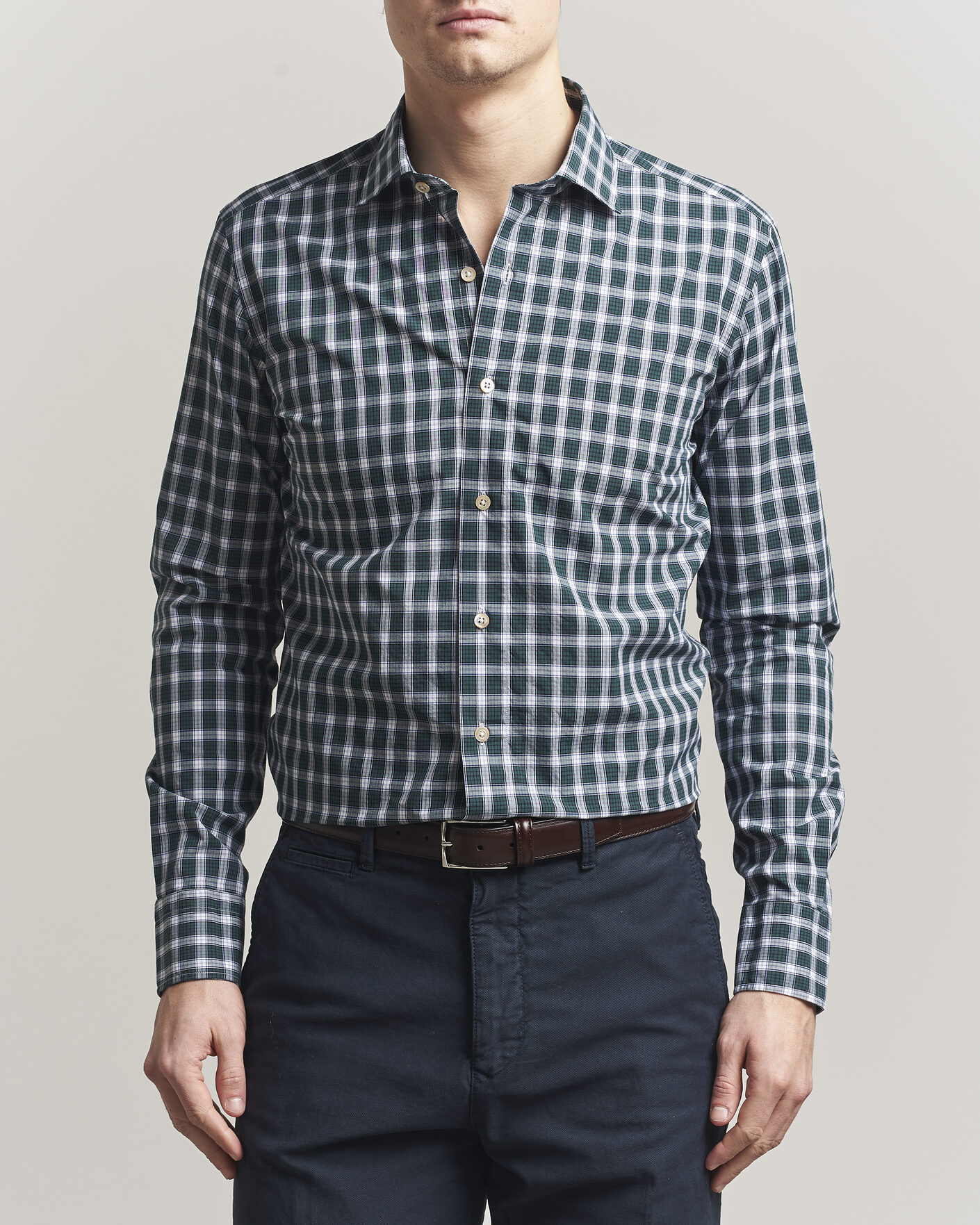 Herr | Skjortor | Grigio | Washed Casual Shirt Green Check