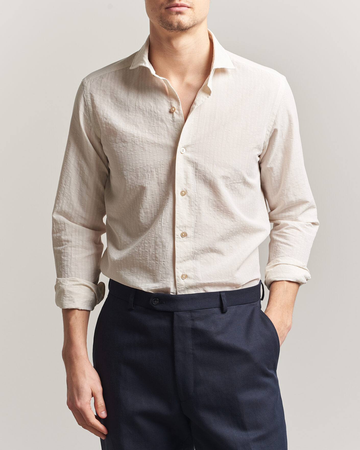 Herr | Skjortor | Grigio | Cotton/Linen Seersucker Shirt Off White