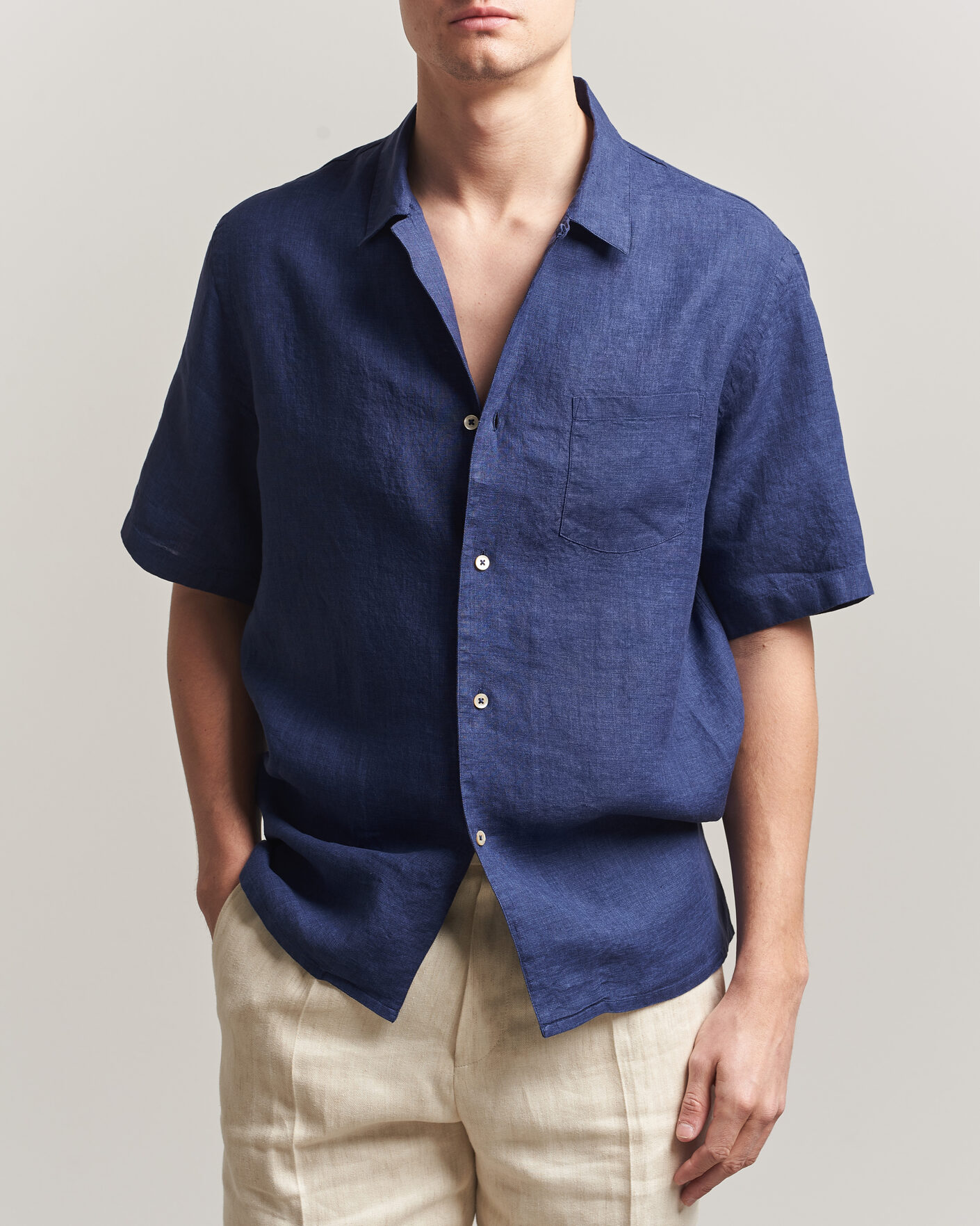 Herr | Skjortor | Grigio | Linen Camp Collar Shirt Navy