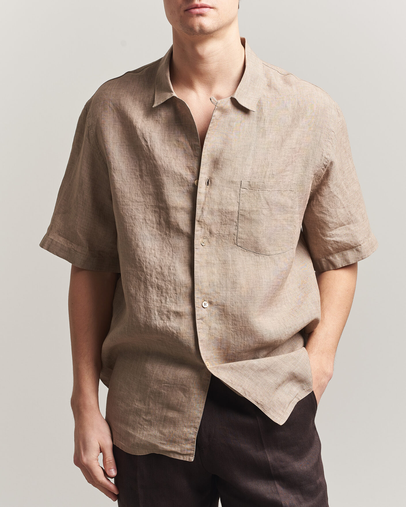 Herr | Skjortor | Grigio | Linen Camp Collar Shirt Brown