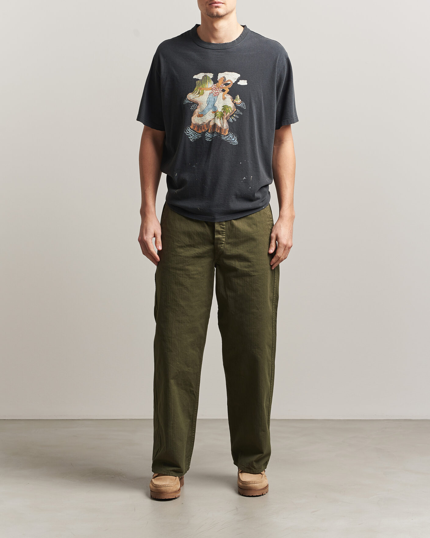 Herr | Byxor | orSlow | Wide Fit French Work Pants Army Green
