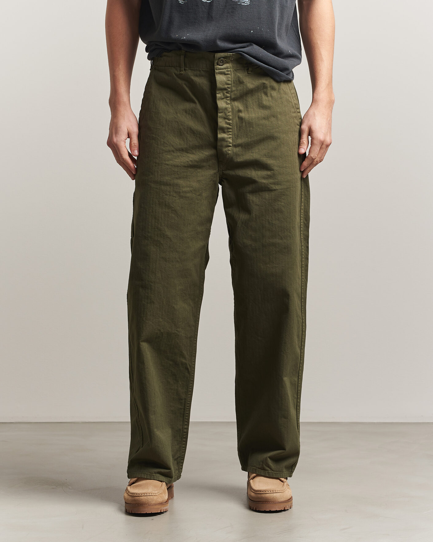 Herr | Byxor | orSlow | Wide Fit French Work Pants Army Green