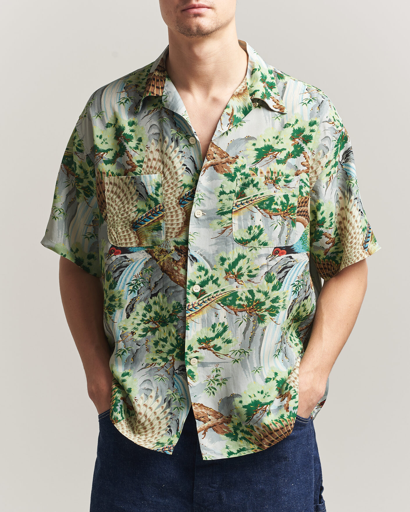Herr | Skjortor | orSlow | Peacock Garden Hawaiian Shirt Green