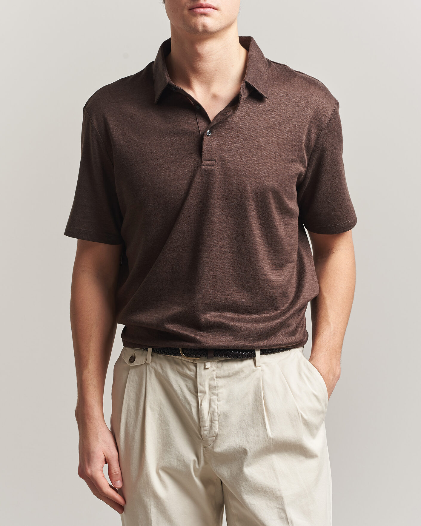 Herr | Pikéer | Charles Tyrwhitt | Short Sleeve Linen Polo Chocolate Brown