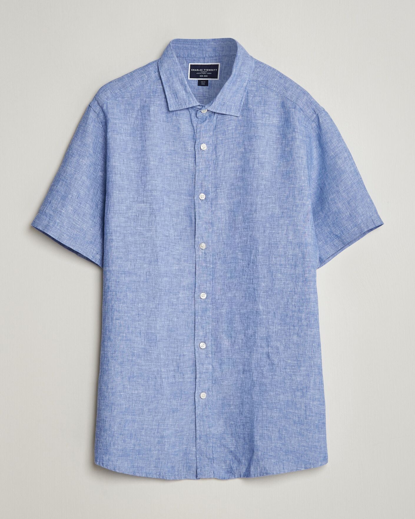 Herr | Skjortor | Charles Tyrwhitt | Pure Linen Short Sleeve Slim Fit Shirt Cornflower Blue