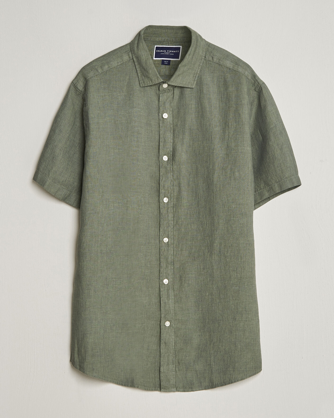 Herr | Skjortor | Charles Tyrwhitt | Pure Linen Short Sleeve Slim Fit Shirt Olive