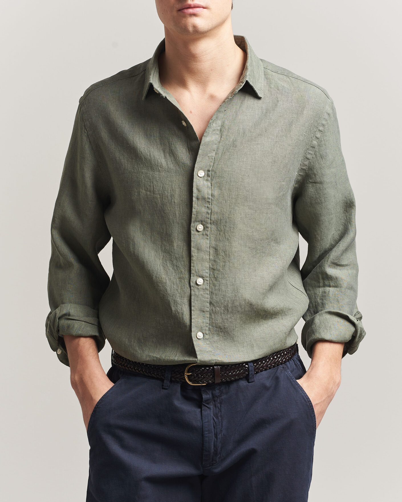 Herr | Skjortor | Charles Tyrwhitt | Pure Linen Slim Fit Shirt Olive Green