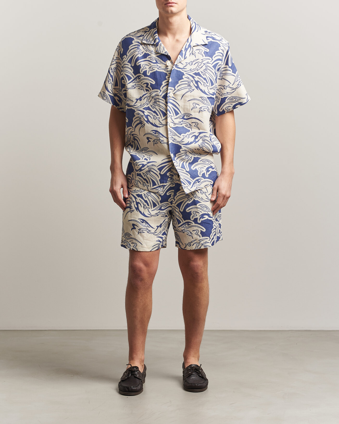 Herr | Skjortor | OAS | Cuba Short Sleeve Printed Linen Shirt Rouge Blue