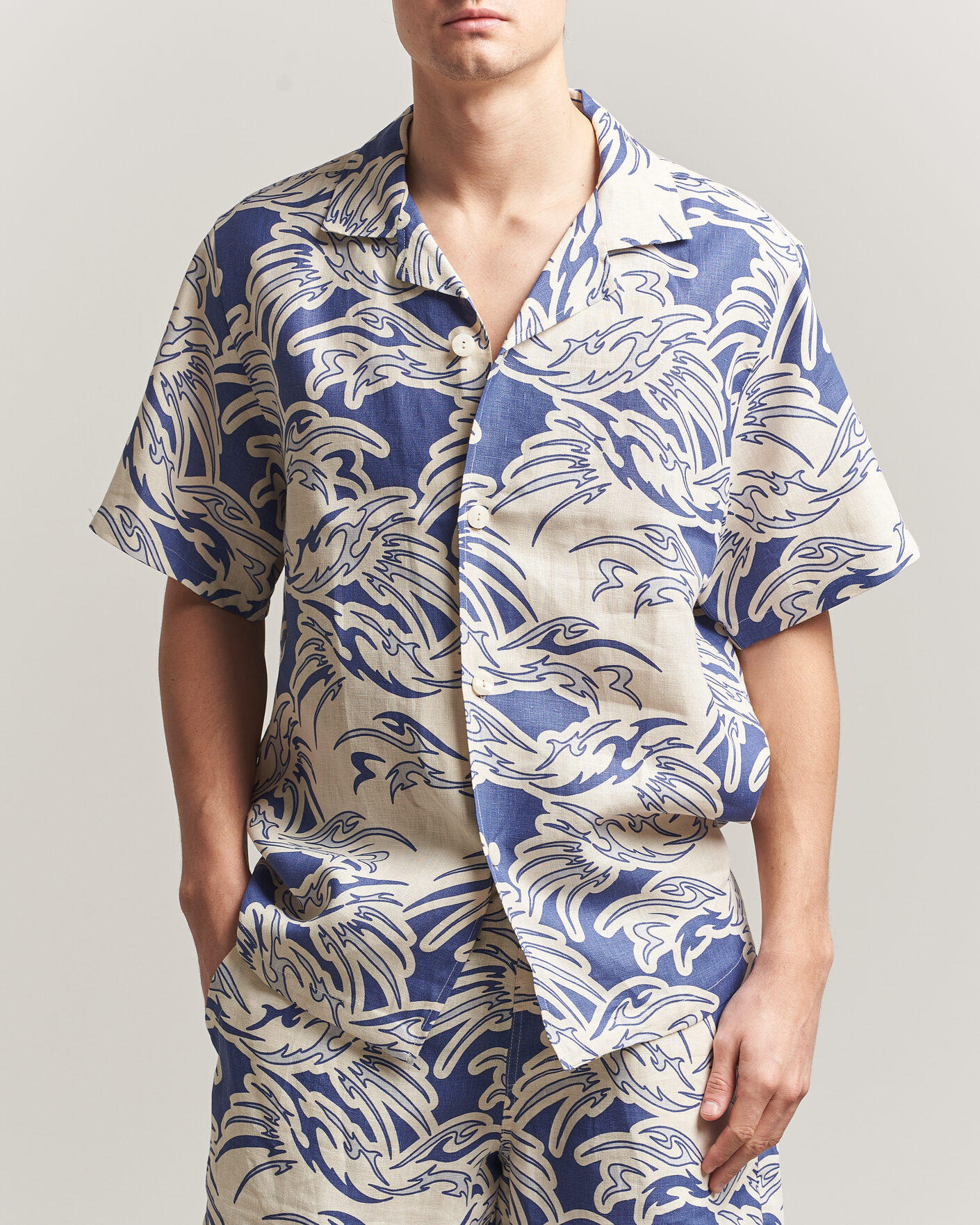 Herr | Skjortor | OAS | Cuba Short Sleeve Printed Linen Shirt Rouge Blue
