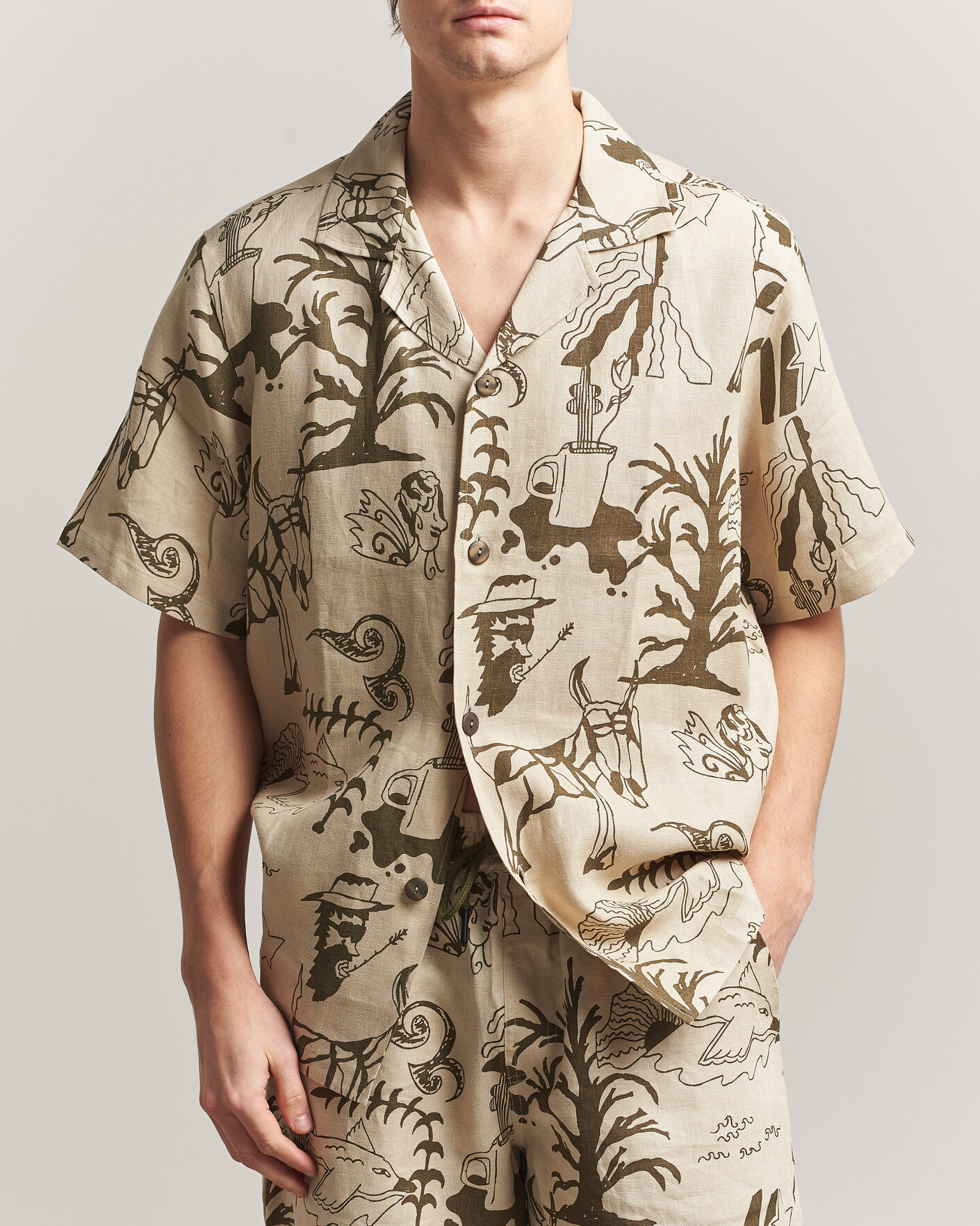 Herr | Skjortor | OAS | Cuba Short Sleeve Printed Linen Shirt Poplan