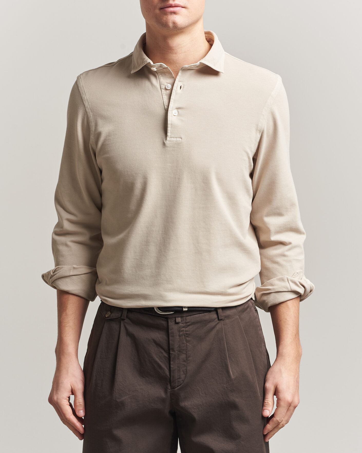 Herr | Pikéer | Gran Sasso | Washed Long Sleeve Polo Beige Melange