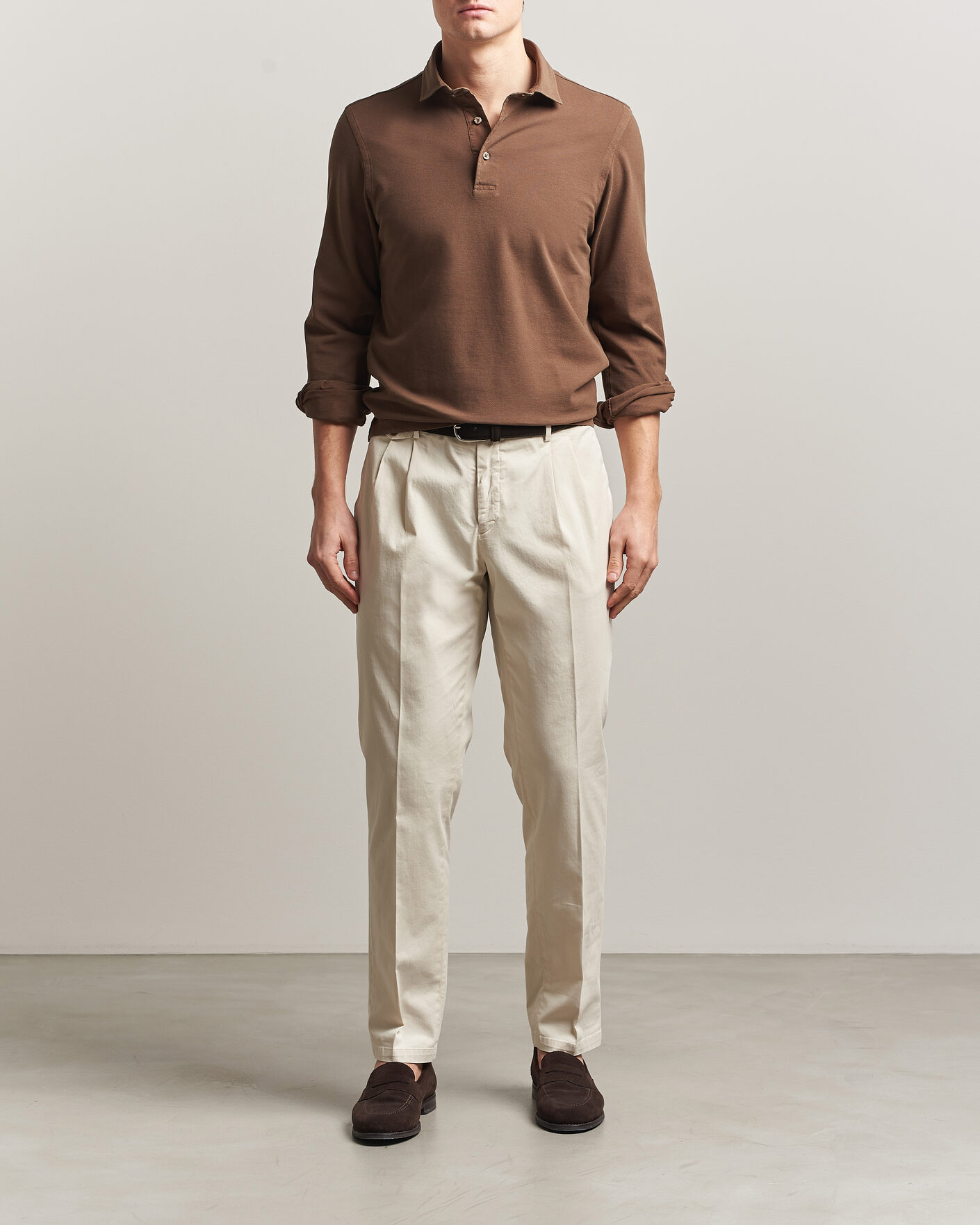 Herr | Pikéer | Gran Sasso | Washed Long Sleeve Polo Brown