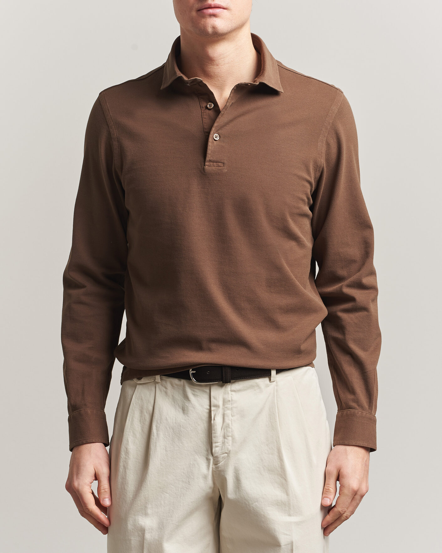 Herr | Pikéer | Gran Sasso | Washed Long Sleeve Polo Brown