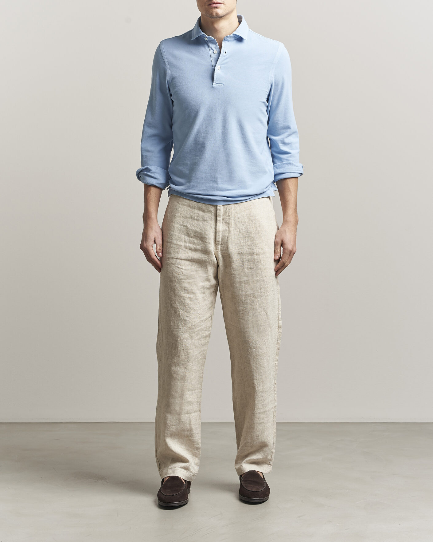 Herr | Pikéer | Gran Sasso | Washed Long Sleeve Polo Light Blue