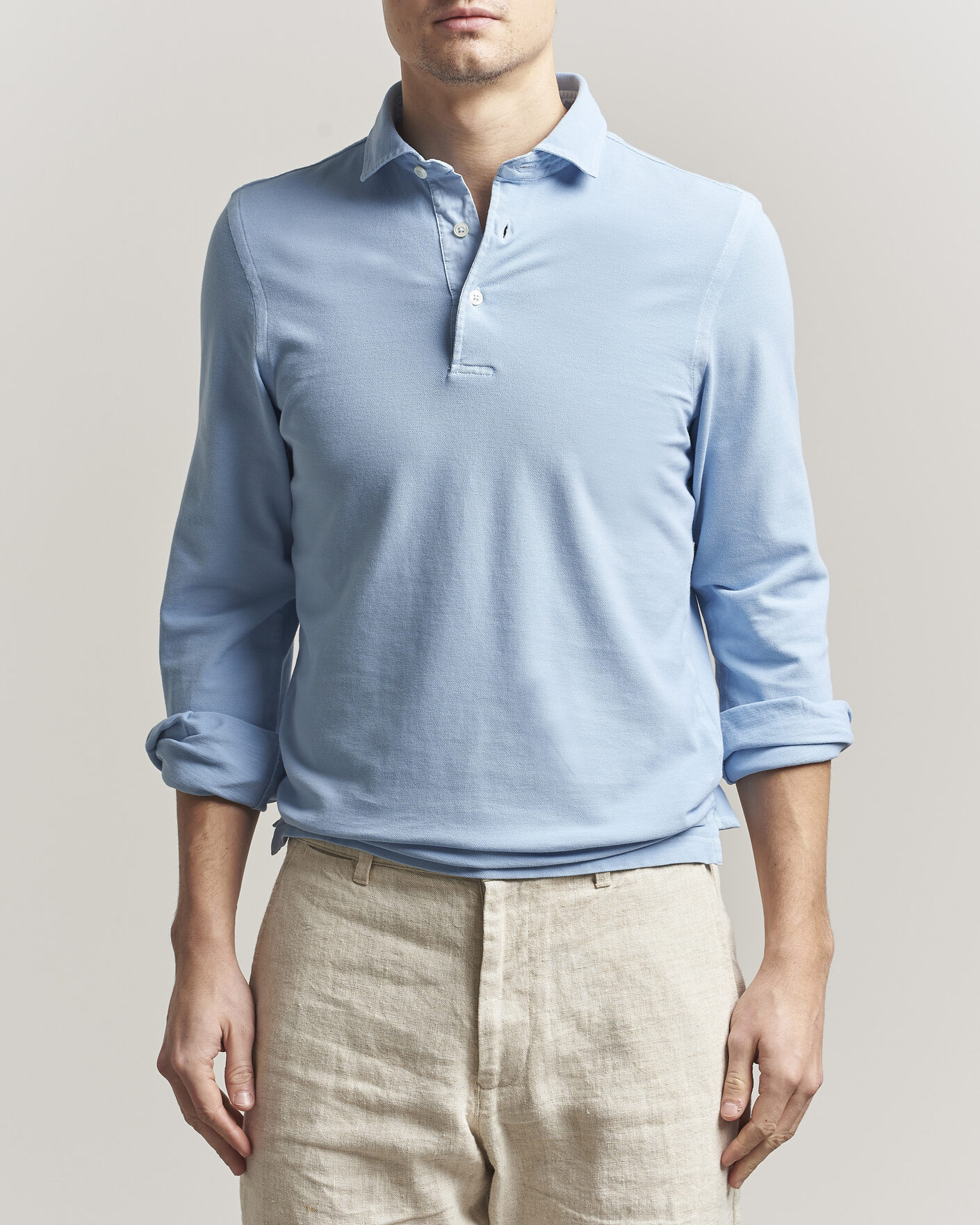 Herr | Pikéer | Gran Sasso | Washed Long Sleeve Polo Light Blue